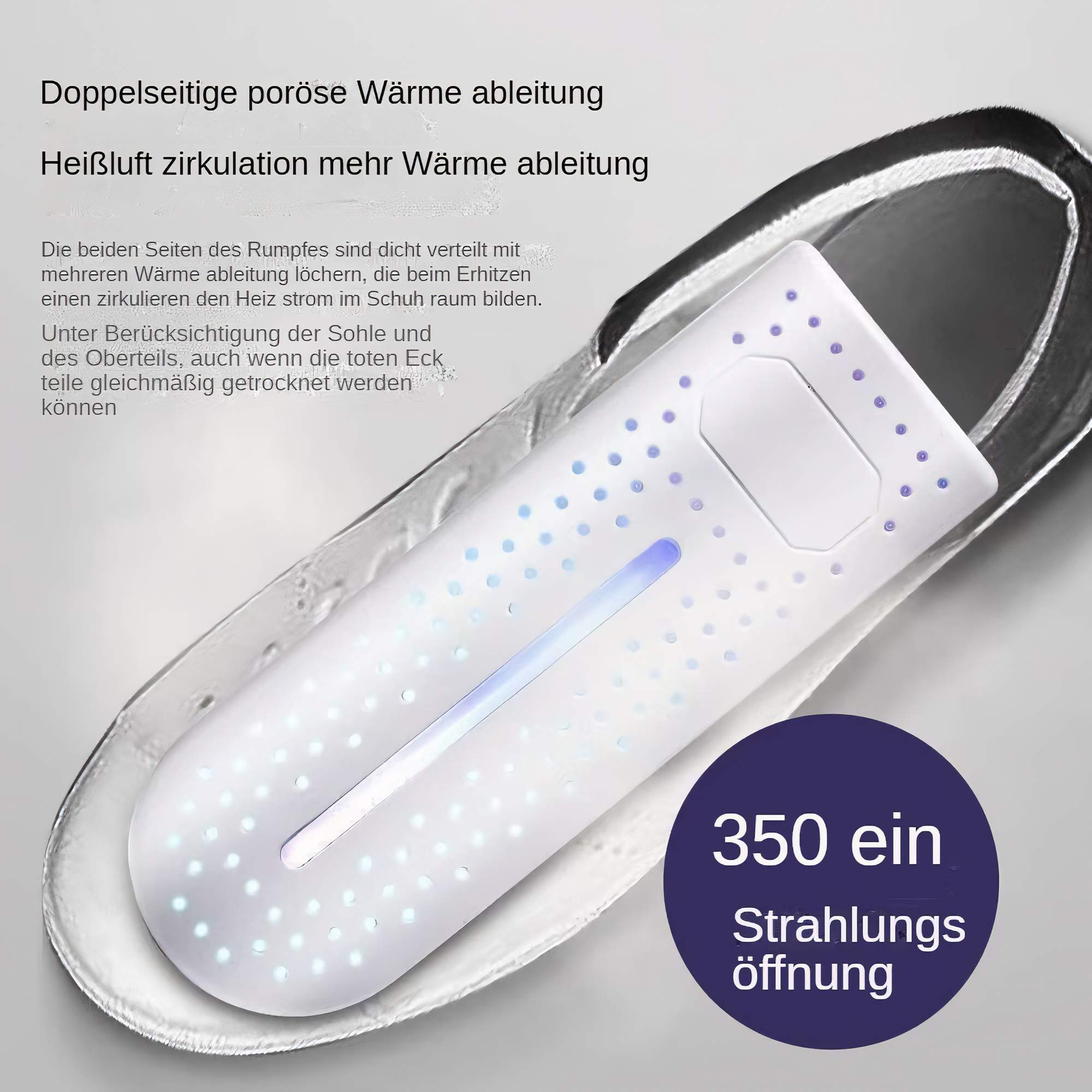 Nahaufnahme eines Schuhtrockners im Schuh, mit deutschem Text über Wärmezirkulation und Trocknung.
