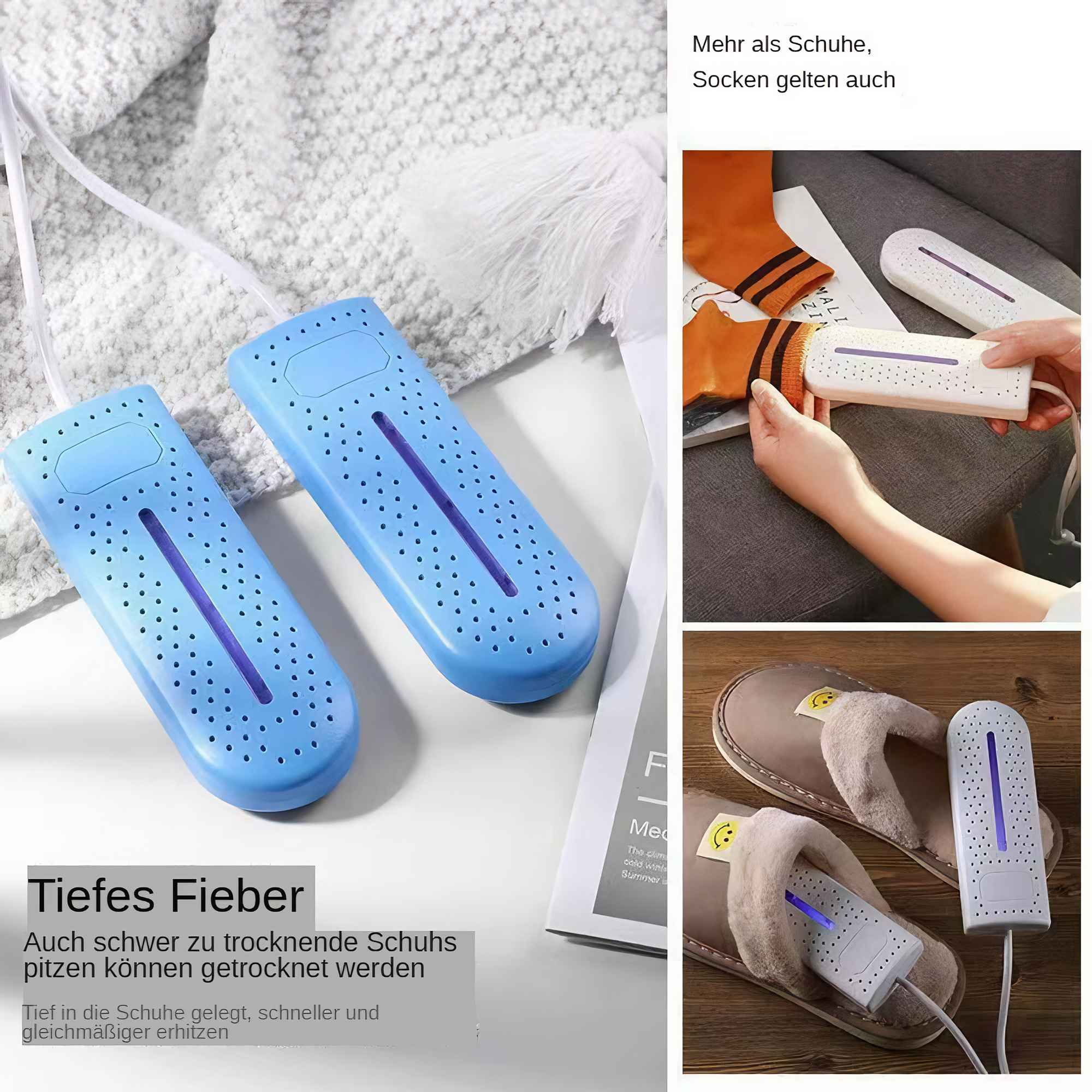 Eine Sammlung von Bildern, die Schuhtrockner in Verwendung mit verschiedenen Schuhwaren zeigen, mit Text auf Deutsch.
