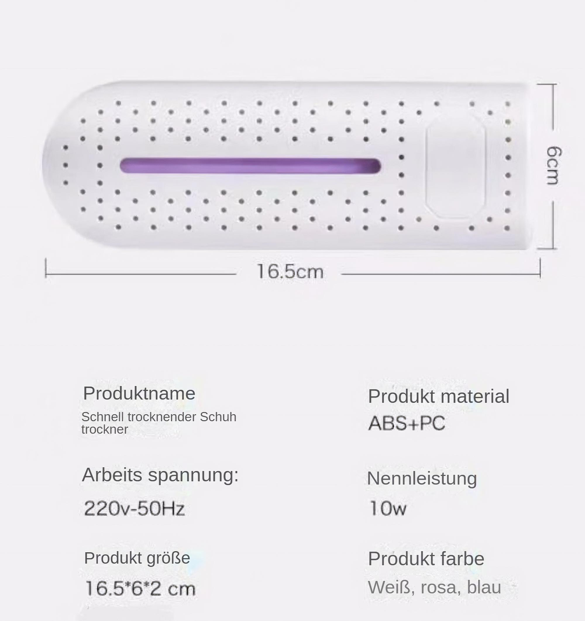 Ein weißer Schuhtrockner mit lila Streifen und Löchern, mit Abmessungen und Produktinformationen auf Deutsch.