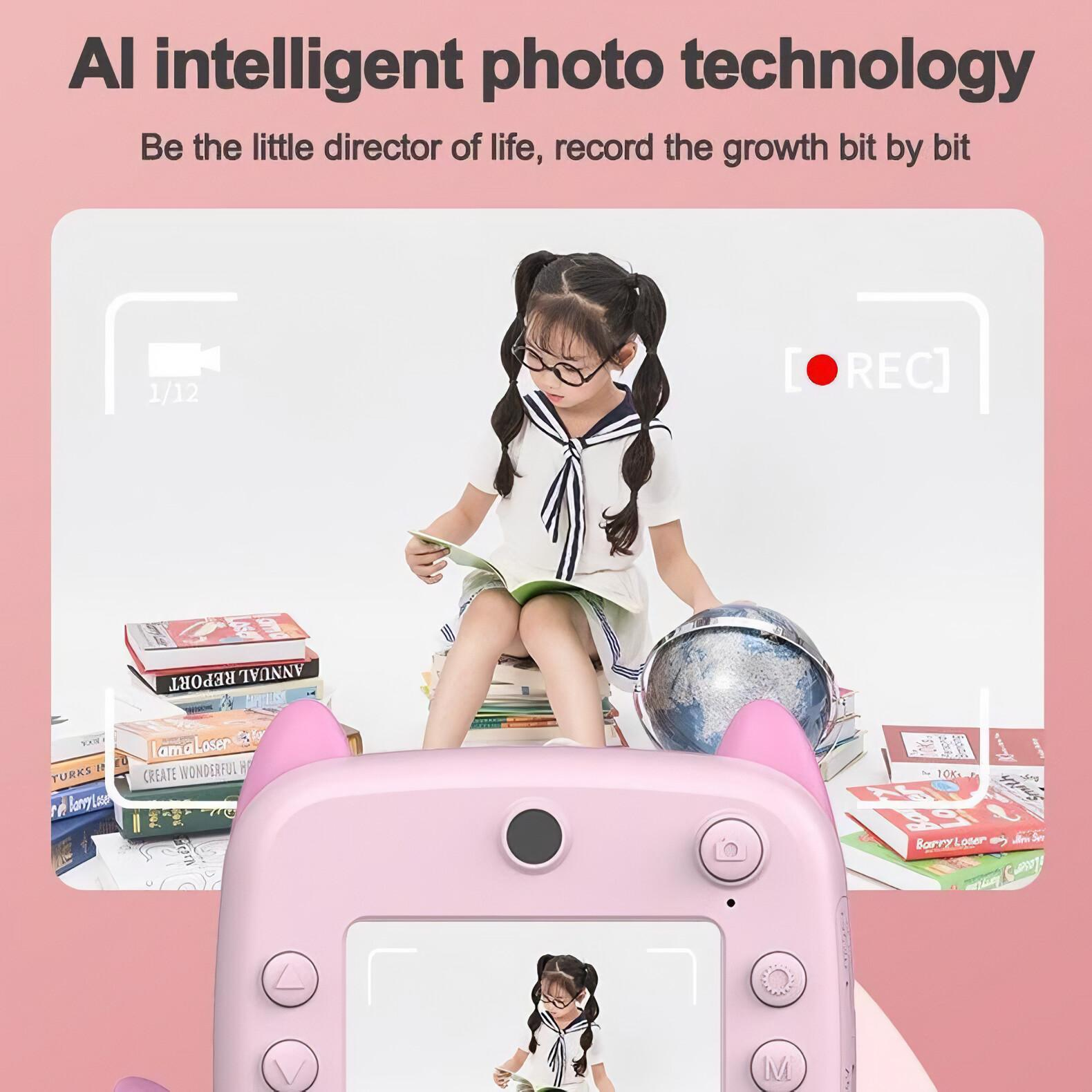 Rosa Kamera mit Mädchenbild auf dem Bildschirm. Ein Mädchen sitzt und liest Bücher. Text oben: "AI intelligent photo technology".