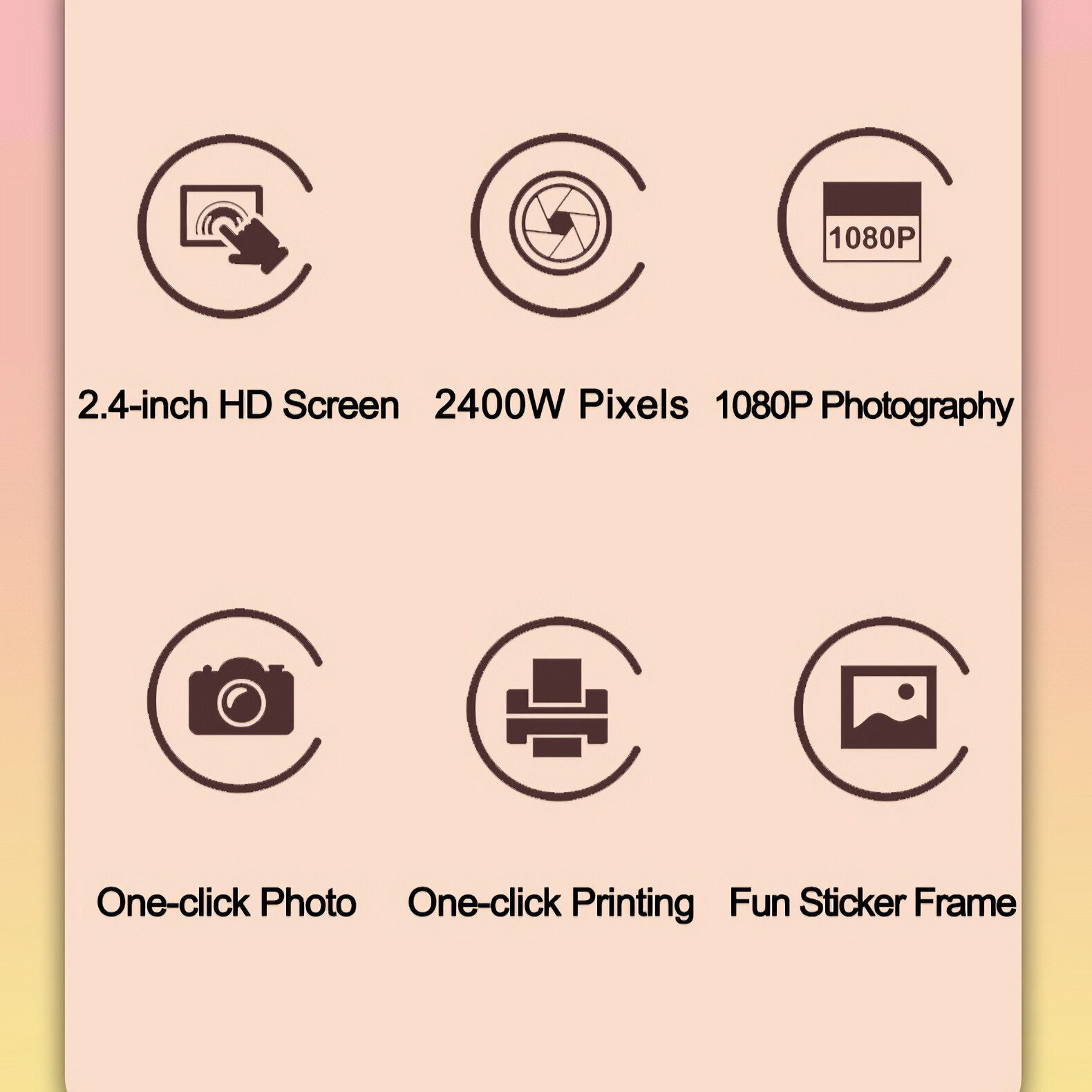 Symbole, die eine Kamera beschreiben: Bildschirm, Pixel, Fotografie, Foto, Druck, Rahmen.