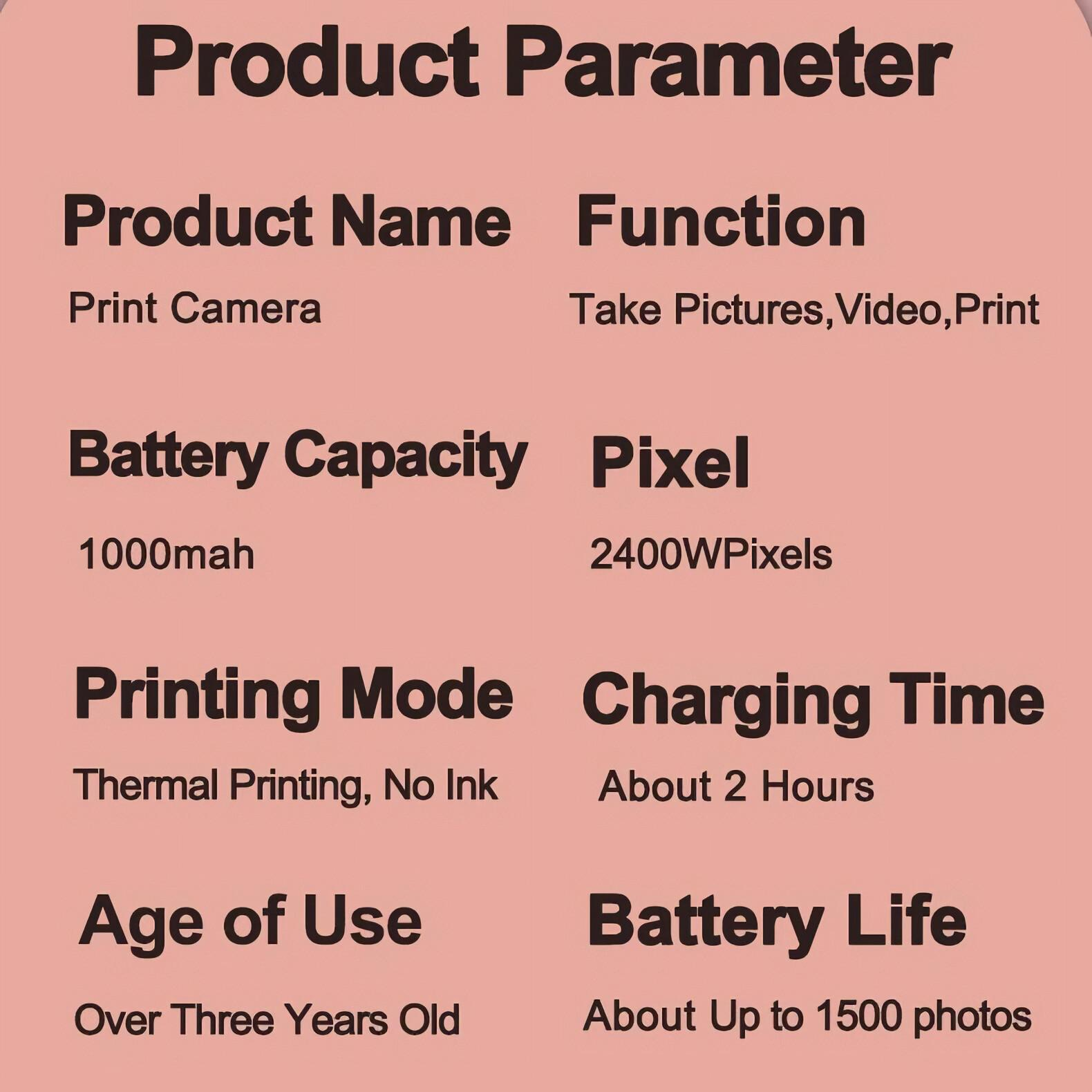 Ein pfirsichfarbener Hintergrund zeigt Produktspezifikationen. Text enthält Produktname, Funktion, Batteriekapazität und Pixelanzahl.