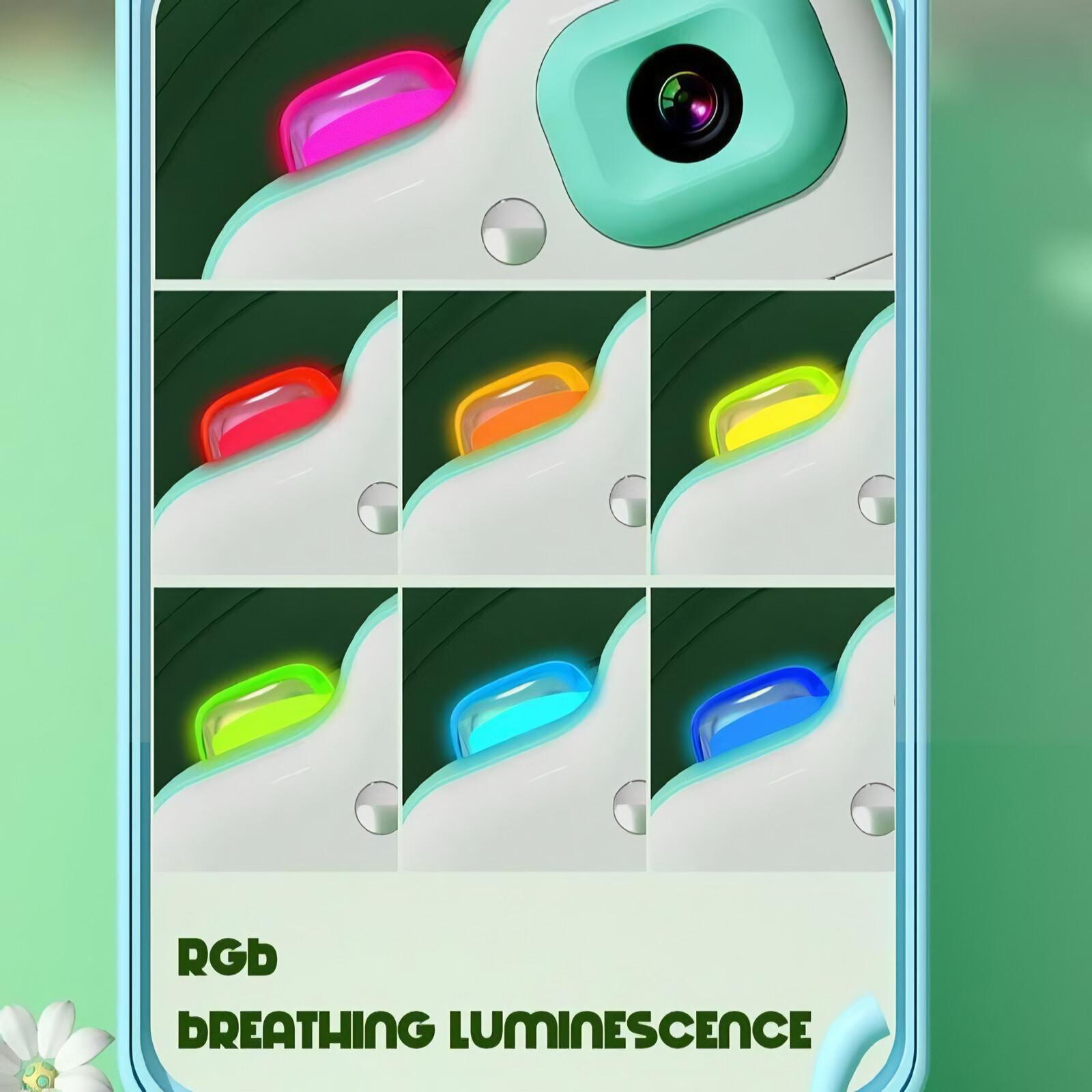 Nahaufnahme einer Kamera mit RGB-Beatmungsleuchtknöpfen. Die Kamera ist weiß und grün. Verschiedene farbige Lichter werden gezeigt.