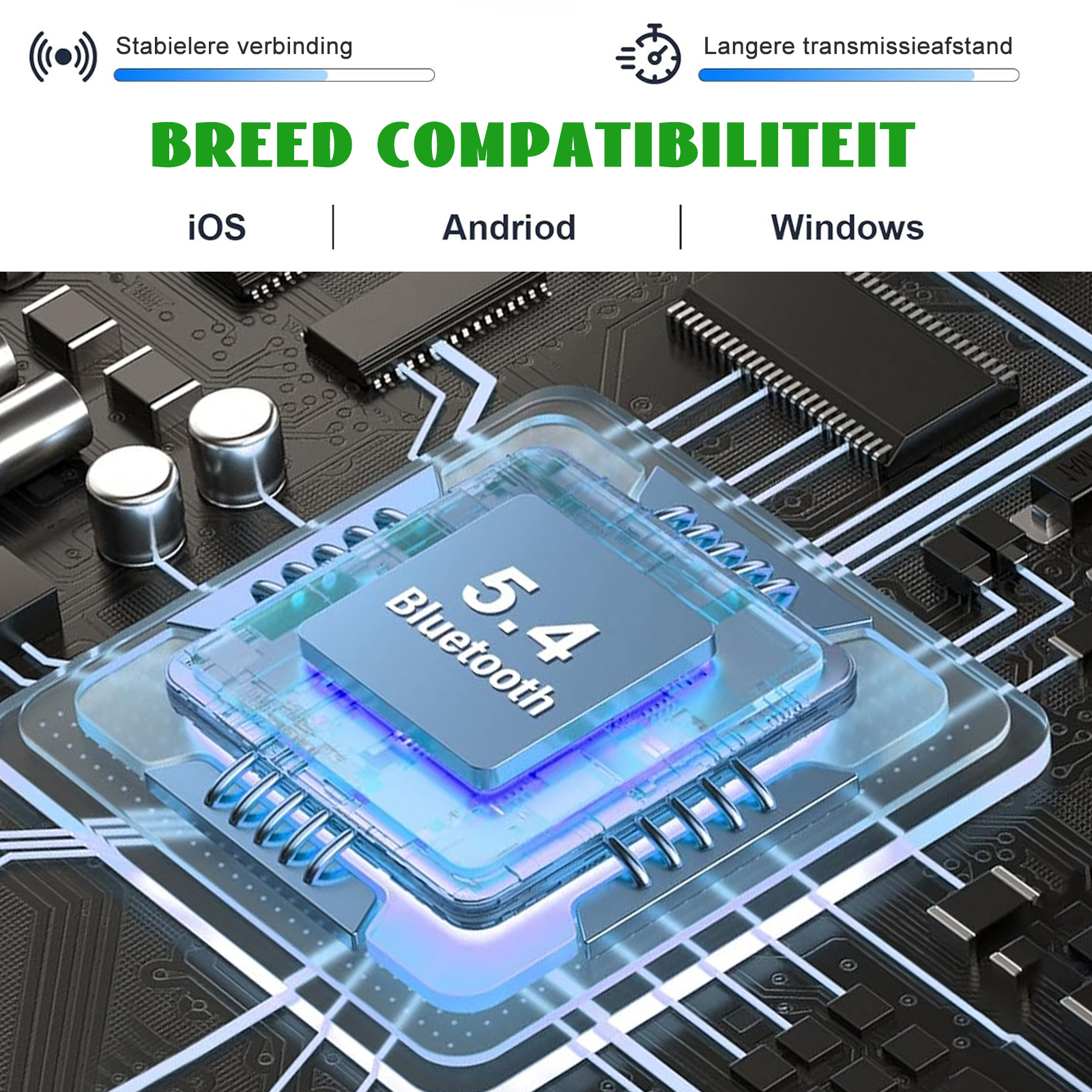 Eine Platine mit einem Bluetooth-Chip und Text zur Kompatibilität mit iOS, Android und Windows.