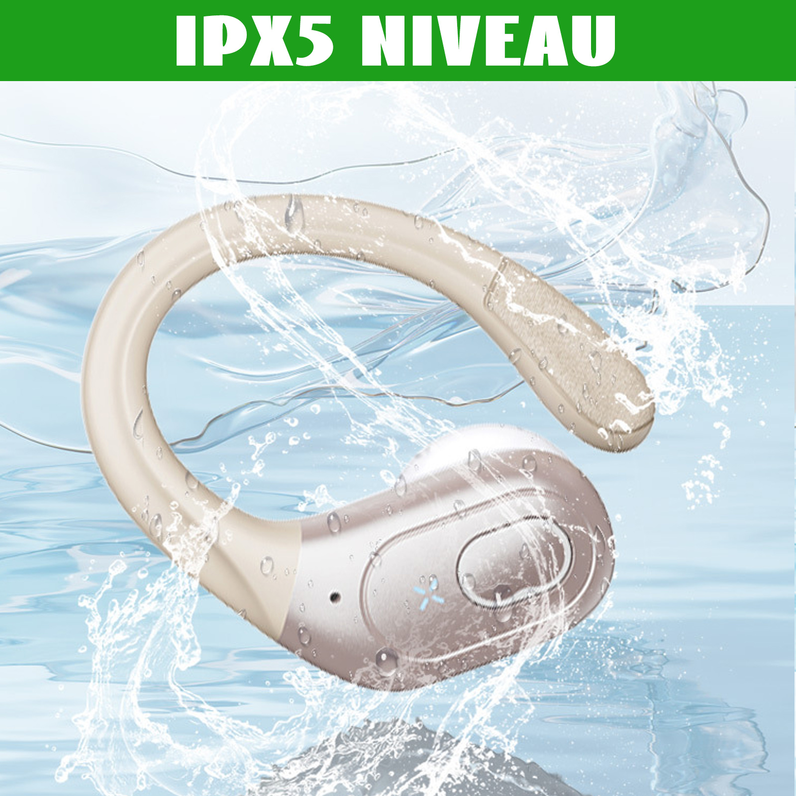 Ein einzelner drahtloser Ohrhörer im Wasser mit dem Text IPX5 LEVEL, der auf Wasserbeständigkeit hinweist.