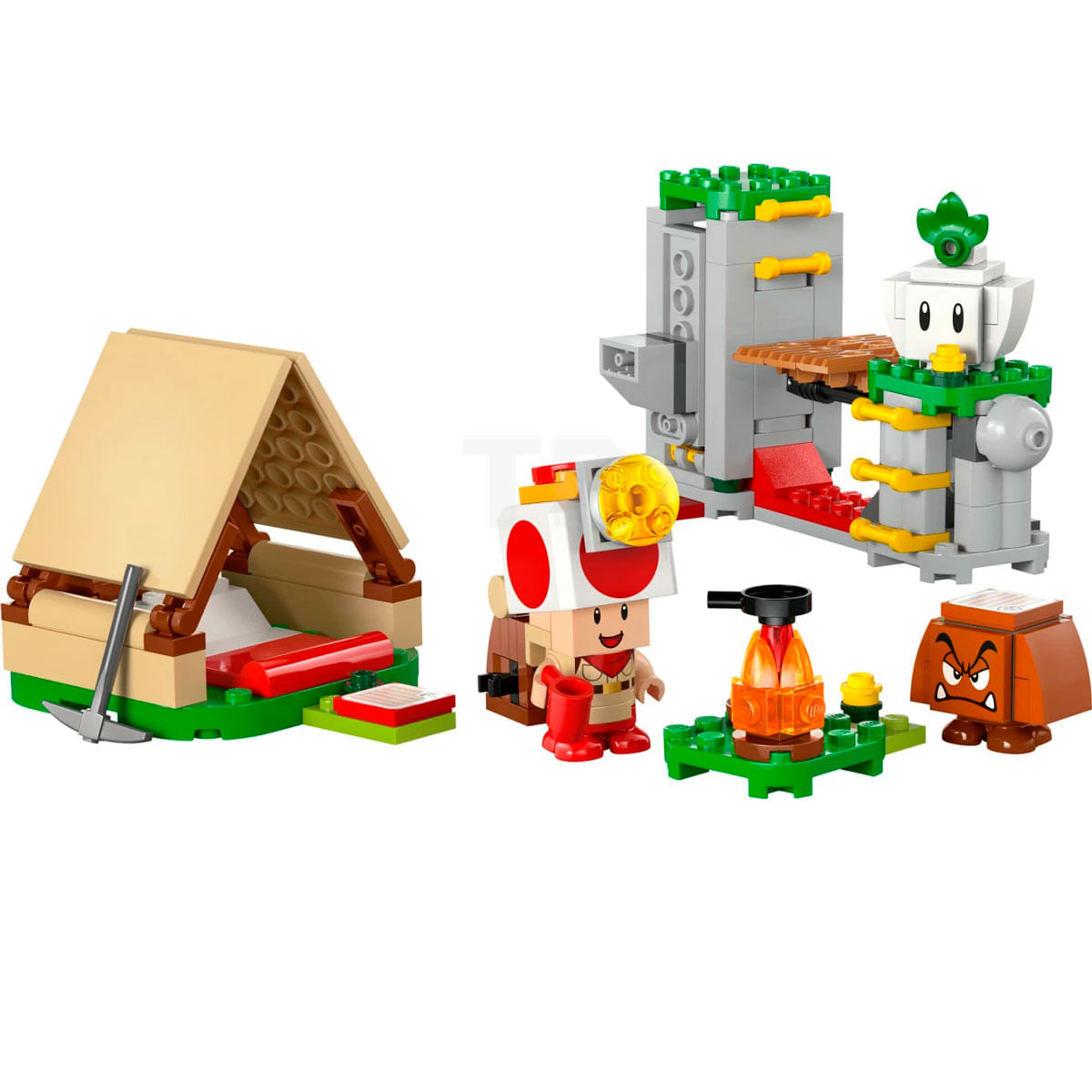 Set campeggio LEGO Mario. Include Mario, una tenda, fuoco e una figura di Goomba in una scena simile a una foresta.