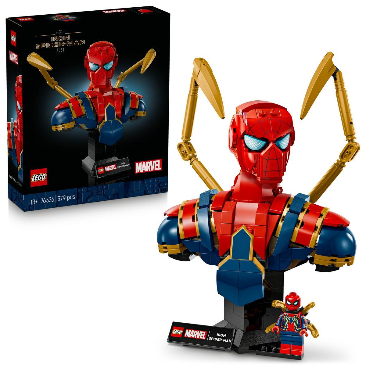 Zestaw LEGO popiersia Iron Spider-Mana z pudełkiem. Popiersie jest czerwone i niebieskie. Mini-figurka również obecna.