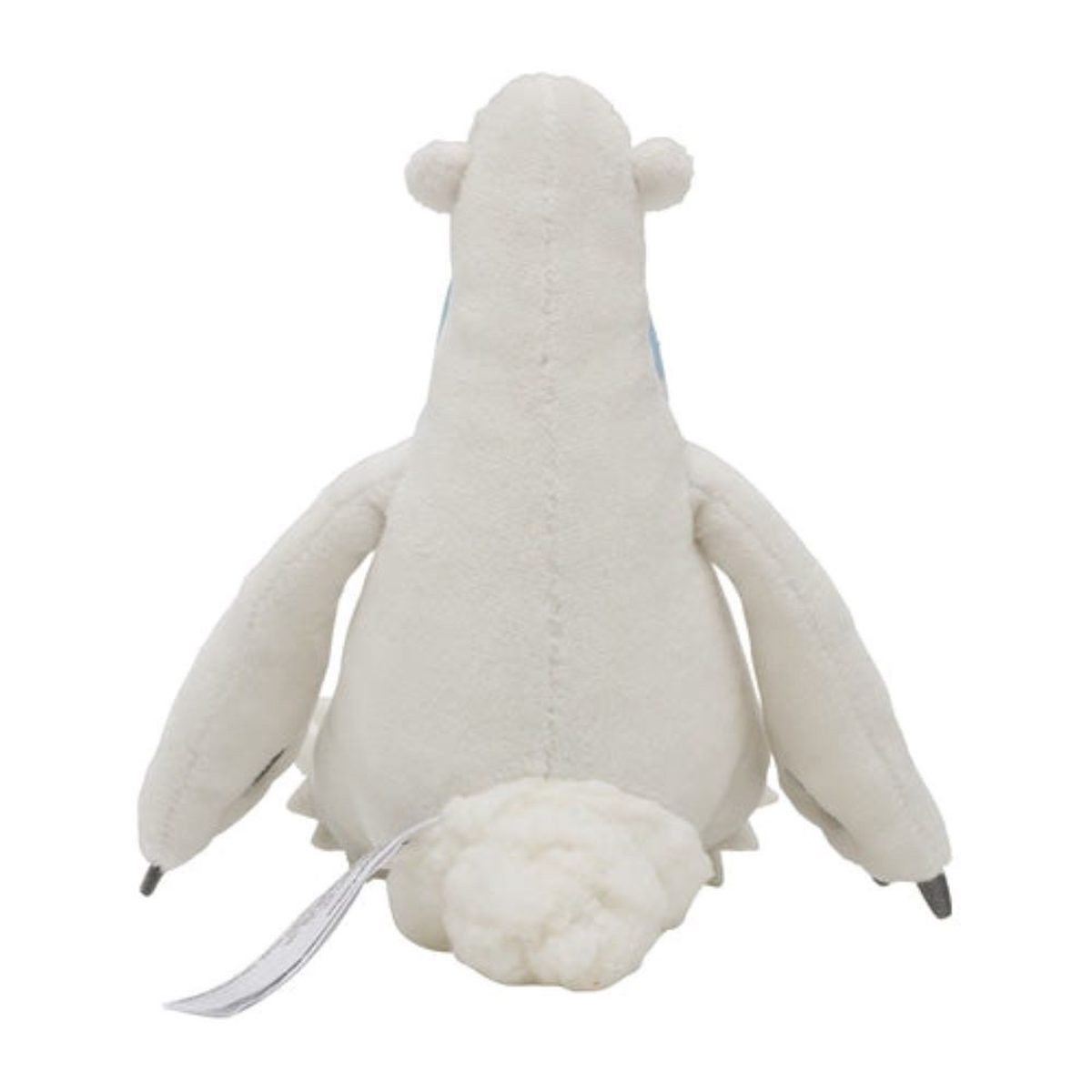 Ein weißes Plüschtier mit kleinen Ohren und einem flauschigen Schwanz, von hinten gesehen.