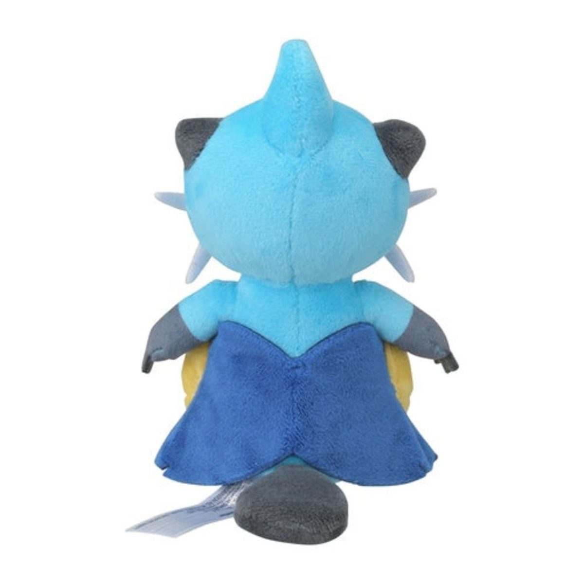 Ein blaues Plüschtier eines Pokémon, von hinten gesehen. Es hat gelbe und blaue Flossen und einen grauen Schwanz.