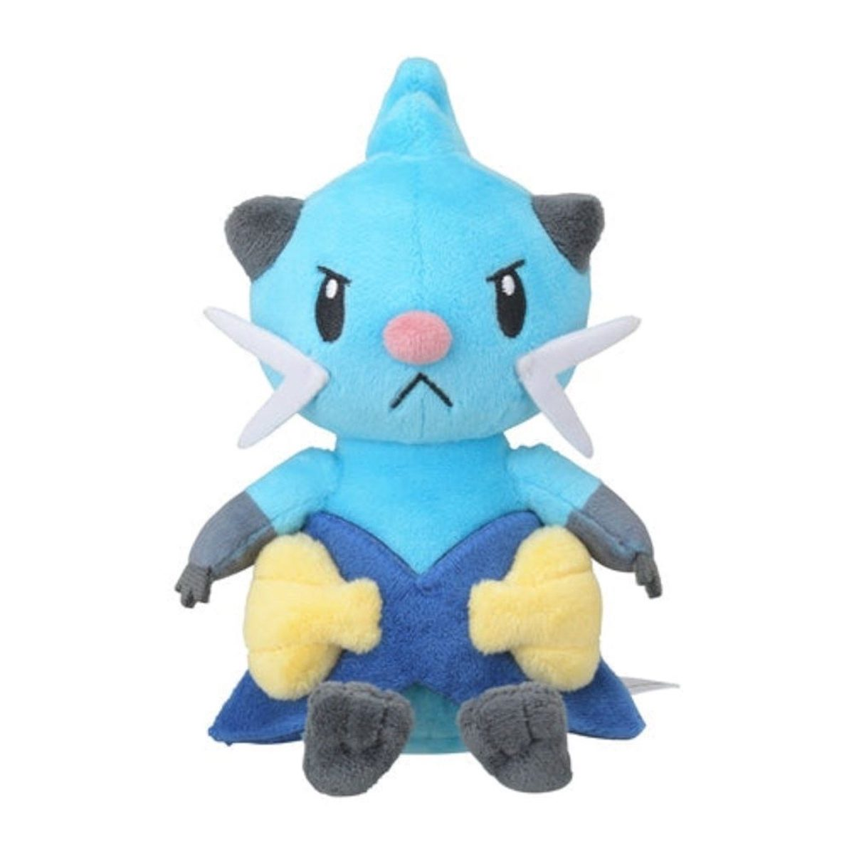 Ein blaues Plüschtier mit gelben Akzenten, das aufrecht steht und einen strengen Gesichtsausdruck hat.