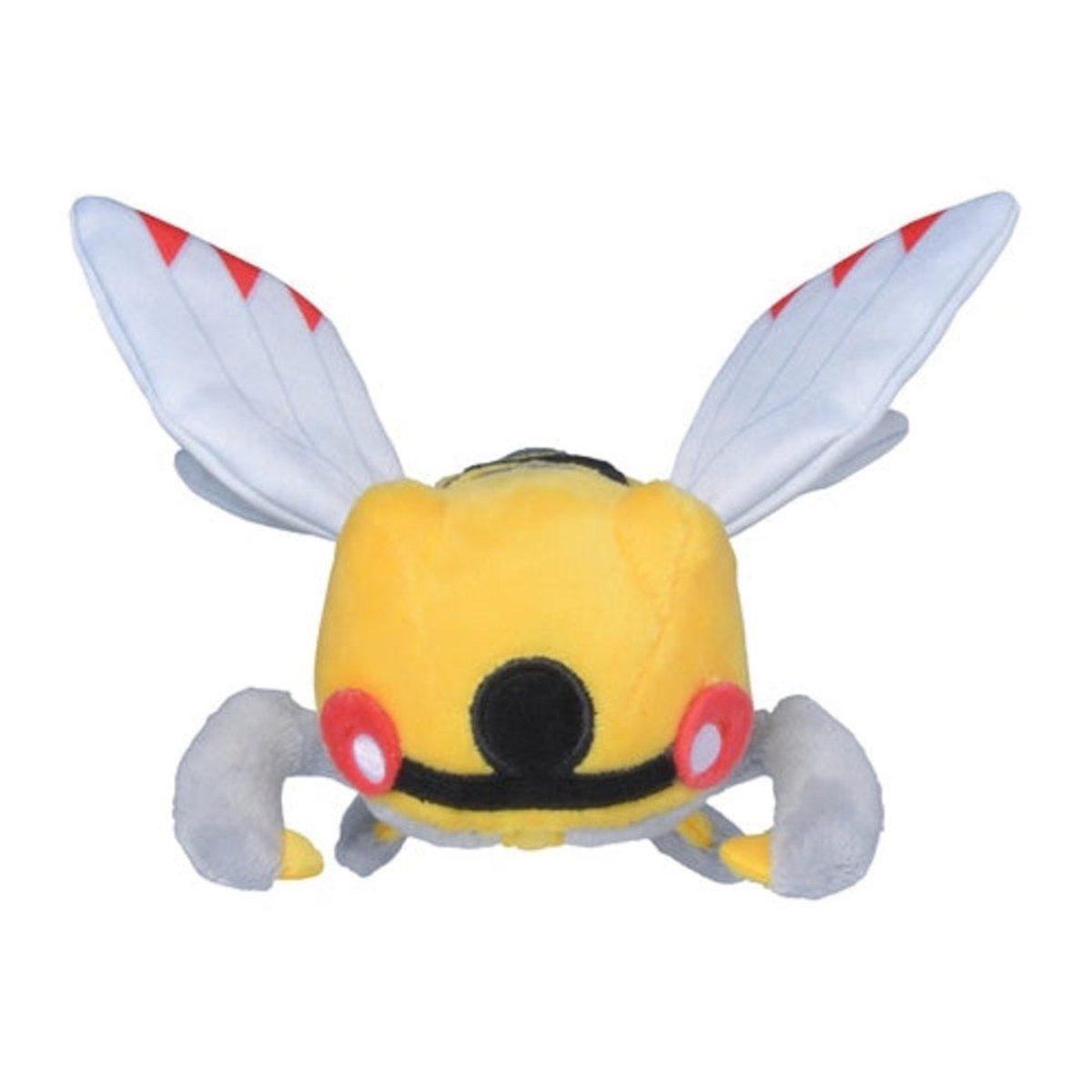 Ein gelbes Stofftier mit weißen Flügeln und roten Details. Es ist ein Beedrill-Plüschtier.