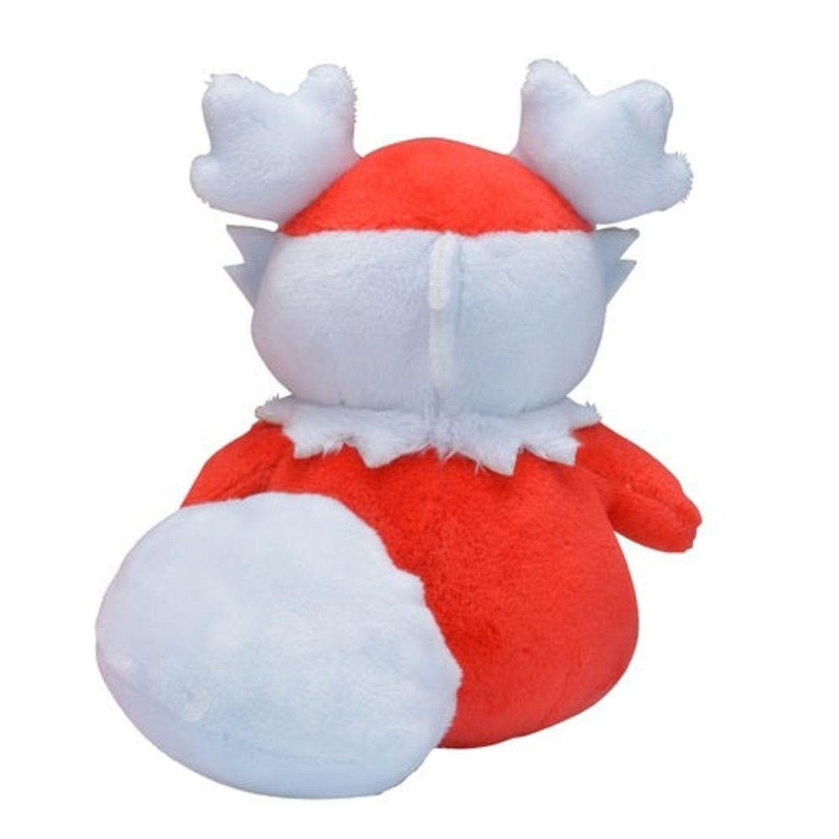 Ein rotes und weißes Plüschtier mit einem großen weißen Schwanz und Geweih. Es ist ein Pokémon.