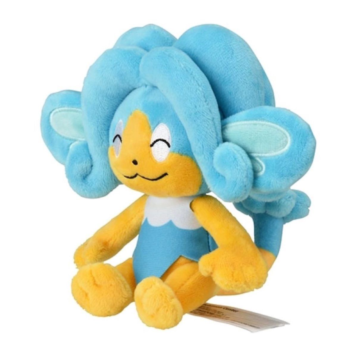 Ein blaues und gelbes Plüschtier eines Pokémon mit einem lächelnden Gesicht und blauen Haaren.