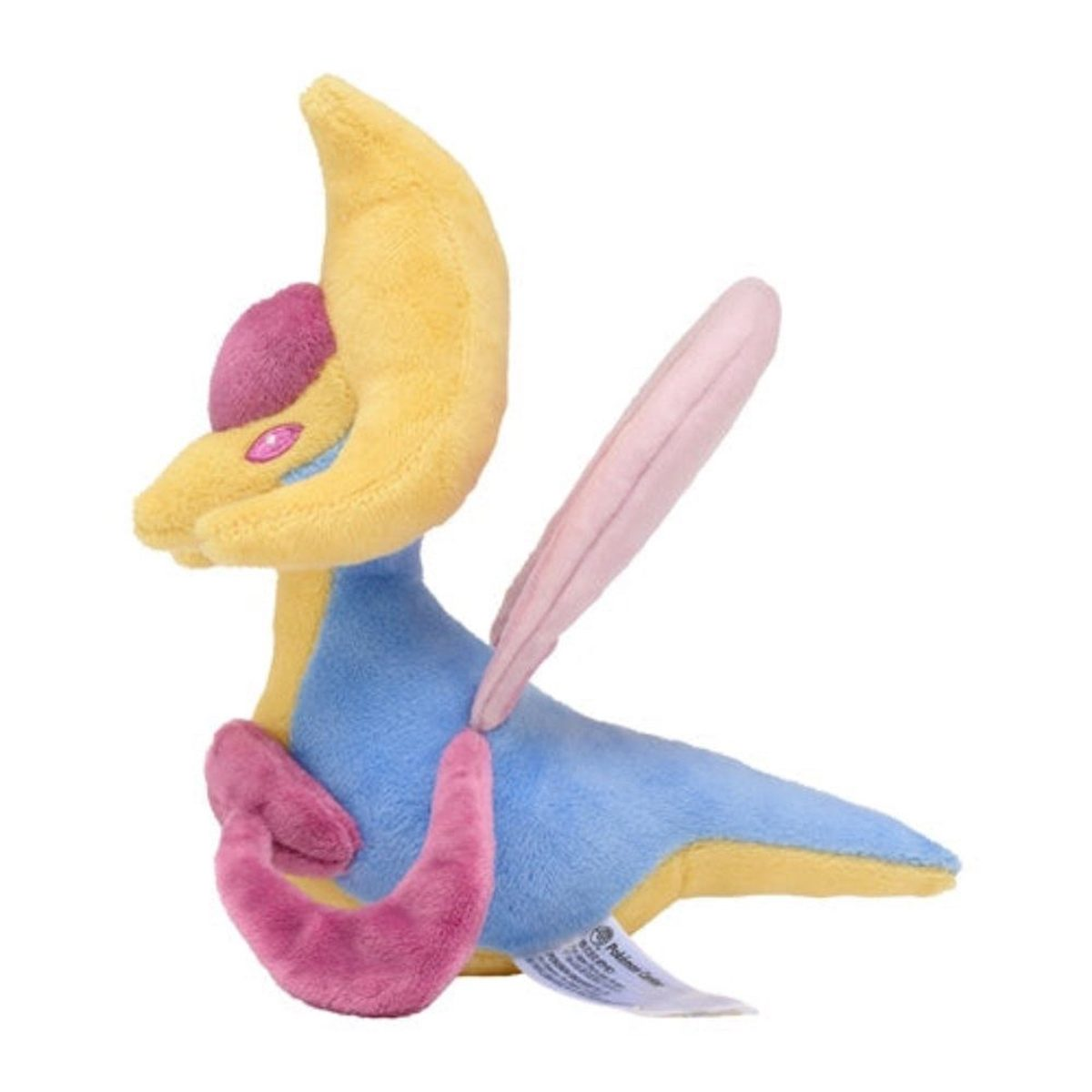 Ein gelbes und blaues Plüschtier eines Wesens mit sichelförmigem Kopf und rosa Akzenten.
