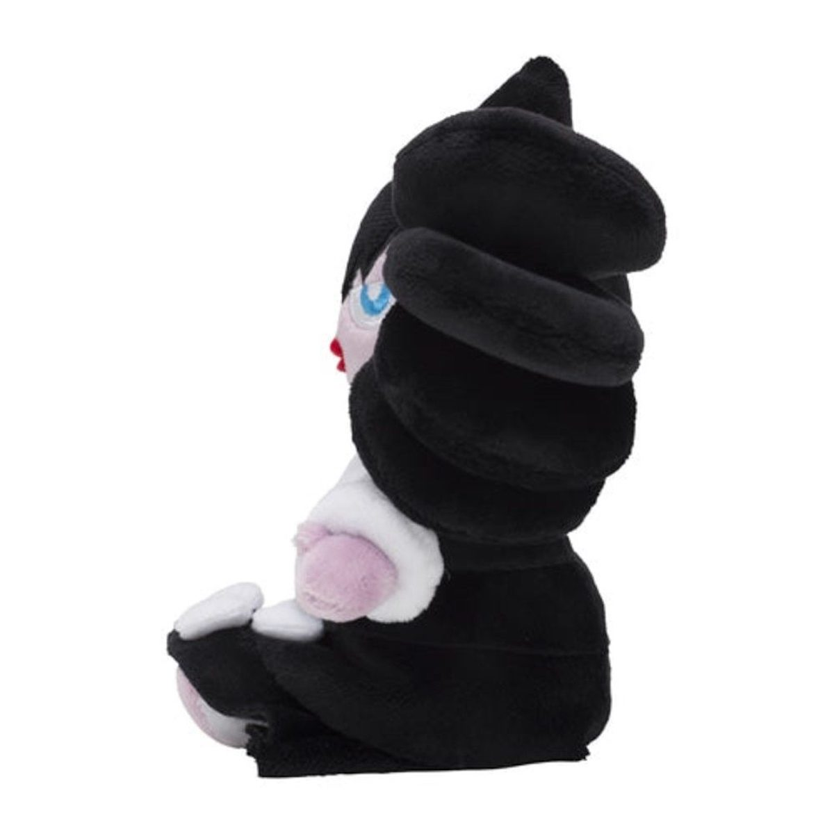 Seitenansicht eines schwarzen Plüschtiers mit weißen Schleifen, Handschuhen und rotem Mund.