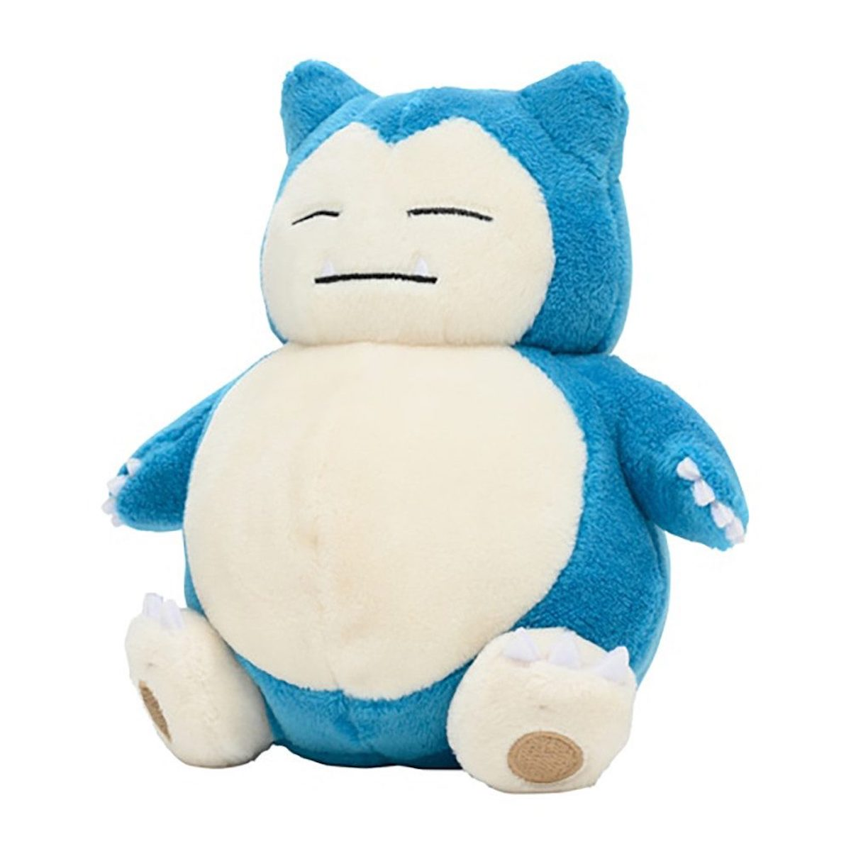 Blaues Snorlax-Plüschtier in sitzender Position, mit geschlossenen Augen und weißem Bauch.