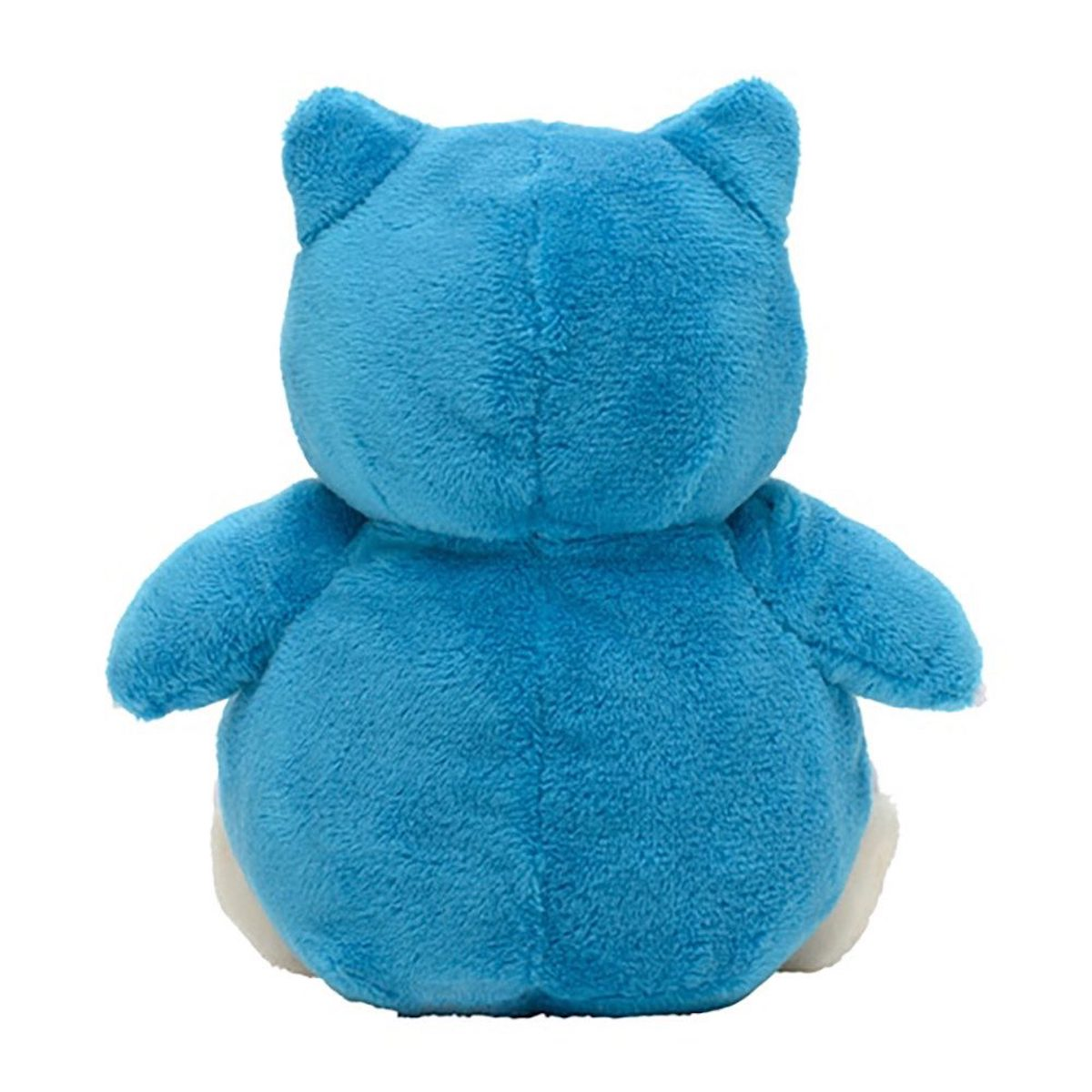 Ein blaues Plüschtier eines Bären, Rückansicht. Weißer Bauch, blauer Körper und Ohren.