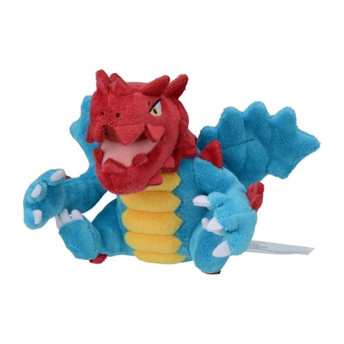 Ein blaues und rotes Drachen-Plüschtier mit Flügeln auf weißem Hintergrund.