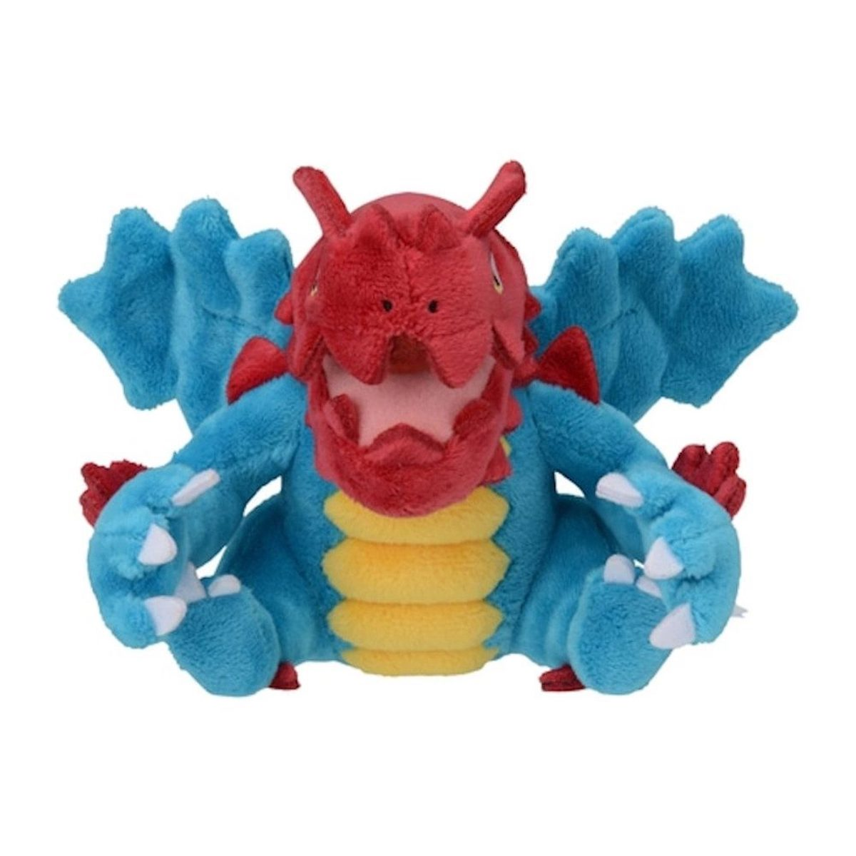 Blau-rotes Plüschtier in Vorderansicht, mit ausgebreiteten Flügeln und offenem Mund.