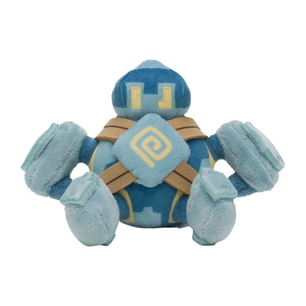 Eine hellblaue Plüschfigur mit braunen und gelben Details.