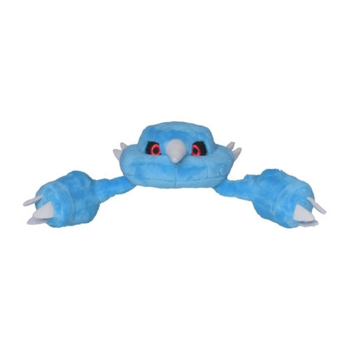 Ein blaues Plüschtier mit krabbenartigem Aussehen. Breite Arme und ein kleiner Kopf.