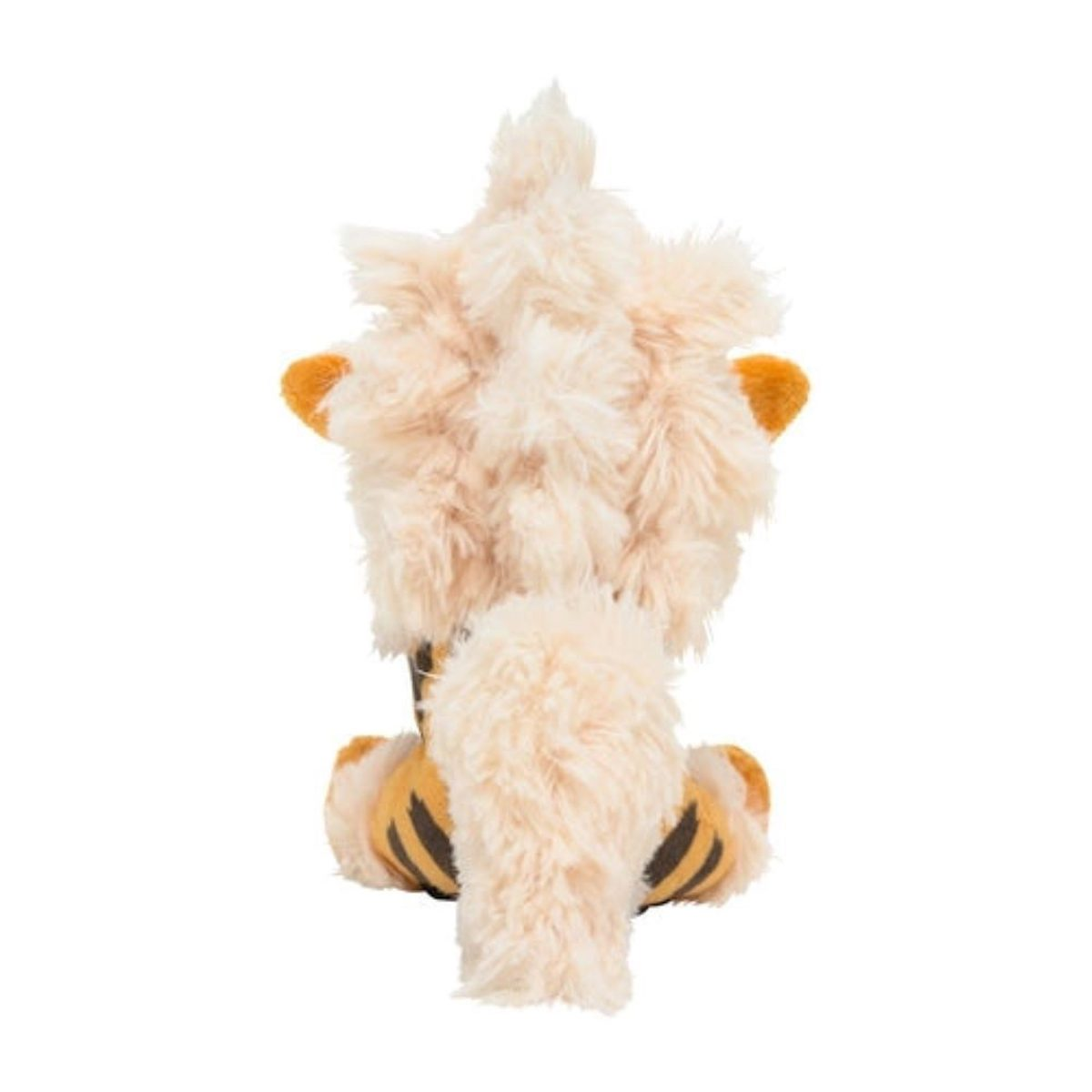 Ein flauschiges, beiges Plüsch-Arkani-Spielzeug, von hinten gesehen, mit orangefarbenen Ohren, Streifen und Schwanz, auf weißem Grund.