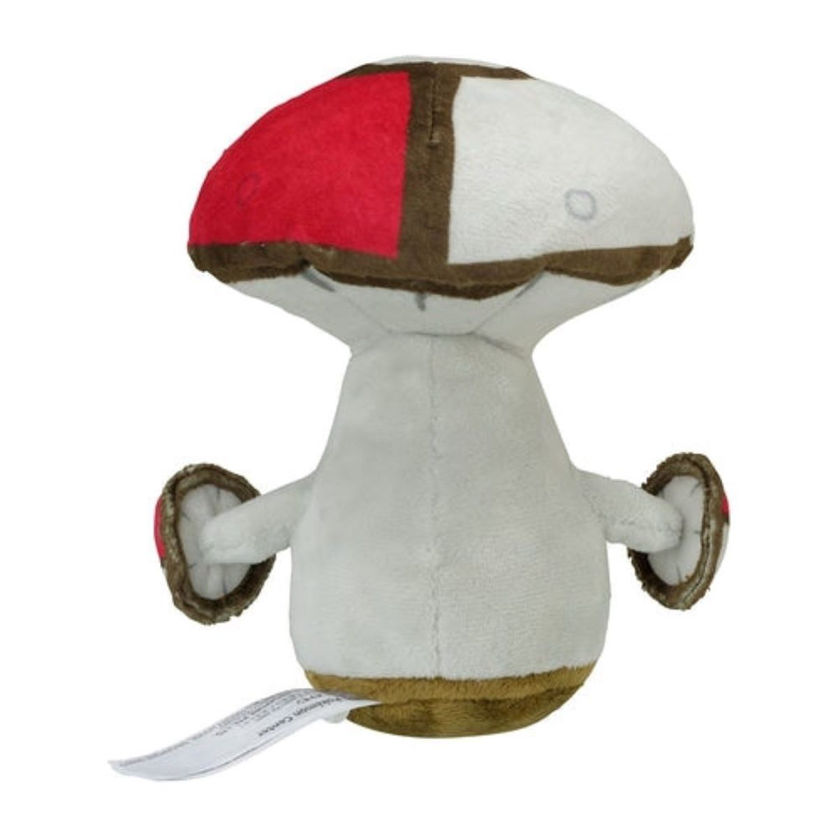 Ein Plüsch-Pilz-Spielzeug mit roter und weißer Kappe, braunem Stiel und kleinen Armen. Es hat ein Etikett.