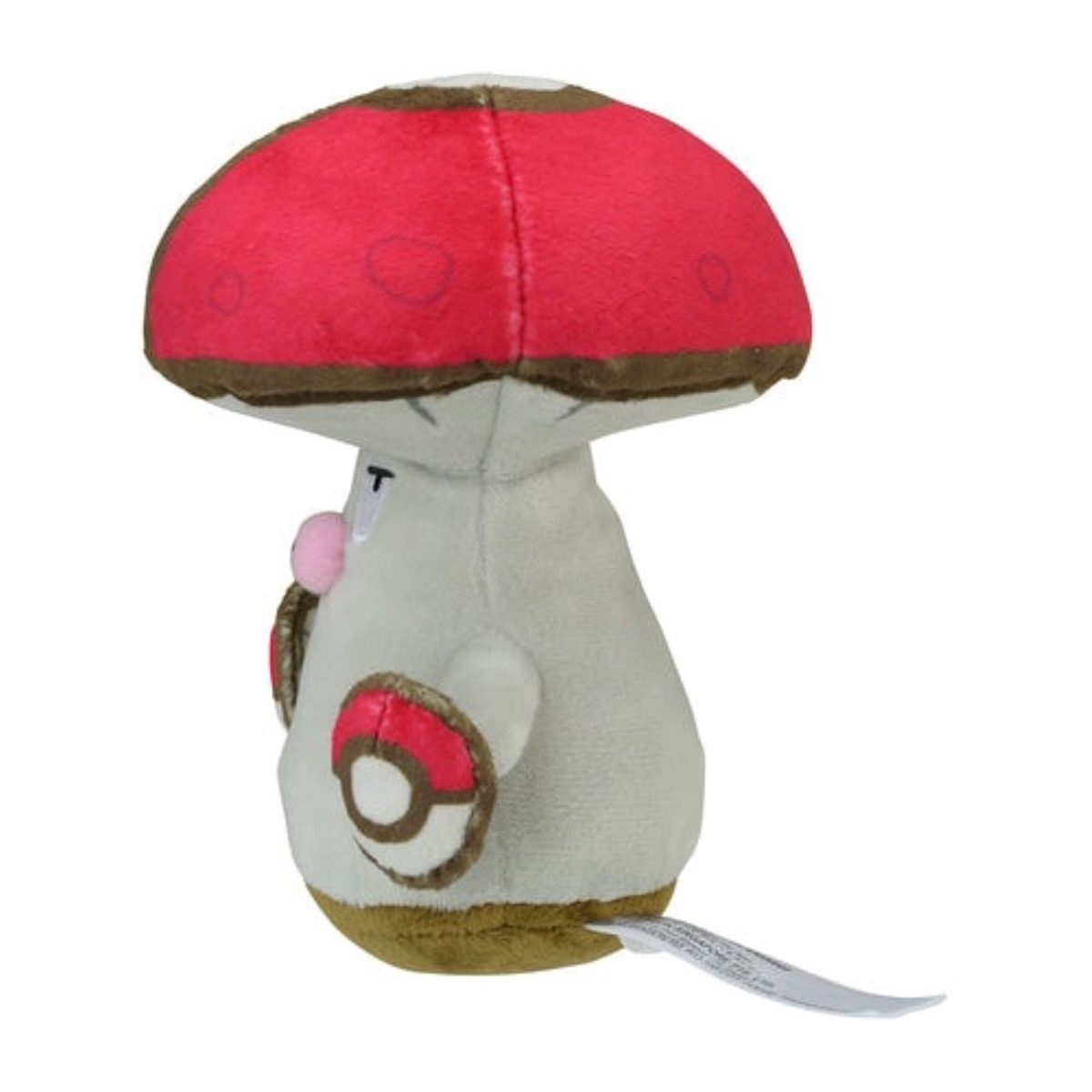 Ein weißes und rotes Plüsch-Amoonguss-Spielzeug mit Pilzkappe, Armen und Gesicht, von der Seite gesehen, auf weißem Grund.