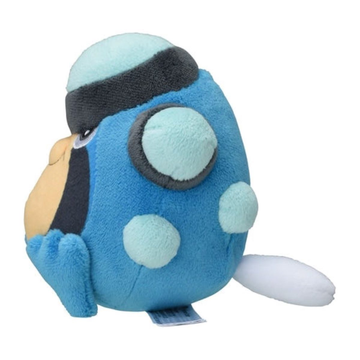 Seitenansicht eines blauen Pinguin-Plüschtiers mit schwarzen Markierungen, hellblauer Mütze und kleinem weißen Schwanz.