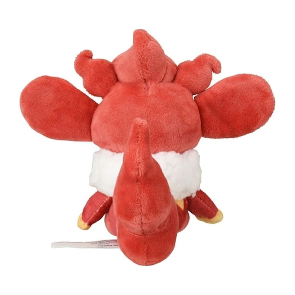 Rotes Plüschtier einer Figur mit weißem Kragen und Flügeln. Das Spielzeug hat einen kleinen Schwanz.