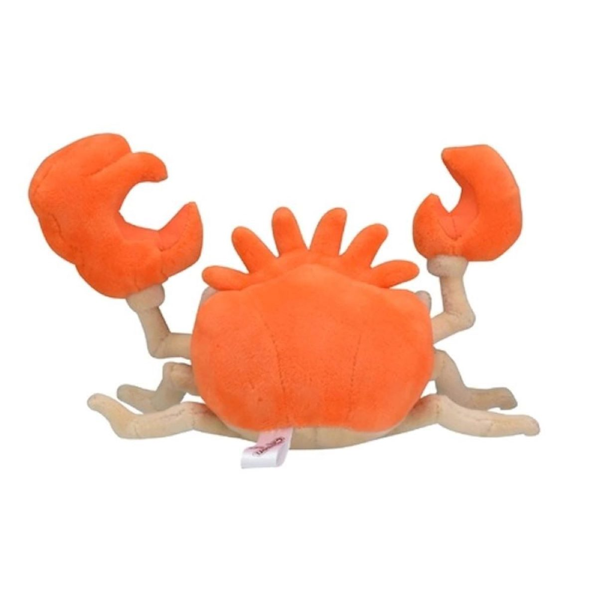 Ein orangefarbenes Krabbenplüschtier mit großen Scheren und einem stacheligen Rücken, das auf dem Rücken liegt.