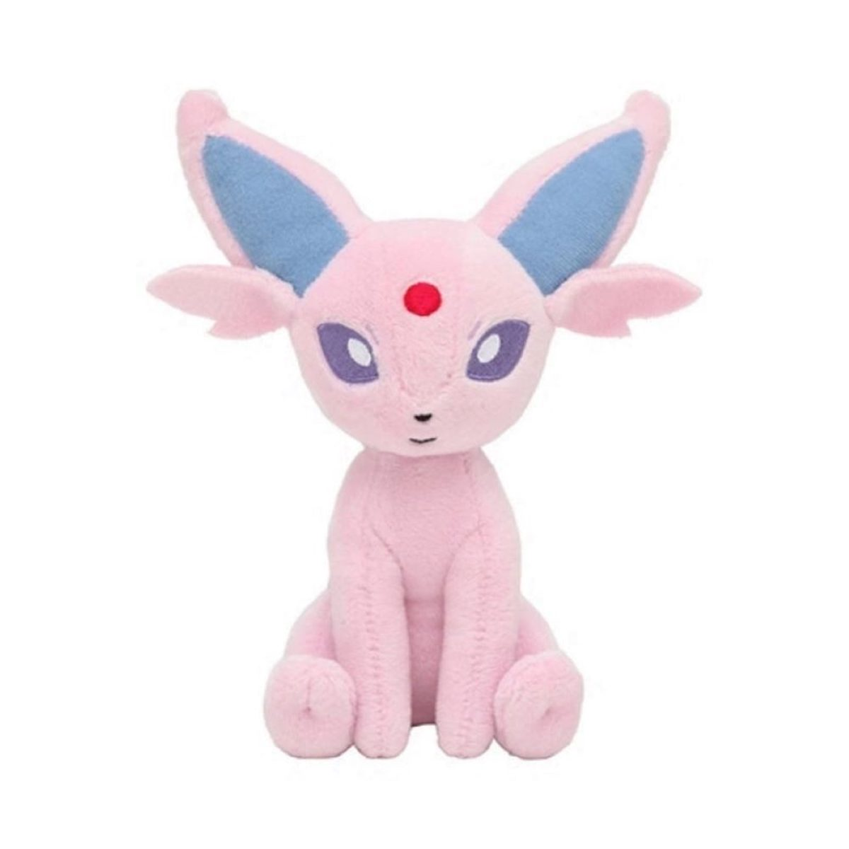 Ein rosa Plüschtierkatze mit blauen Ohren, lila Augen und einem roten Punkt auf der Stirn, sitzend.