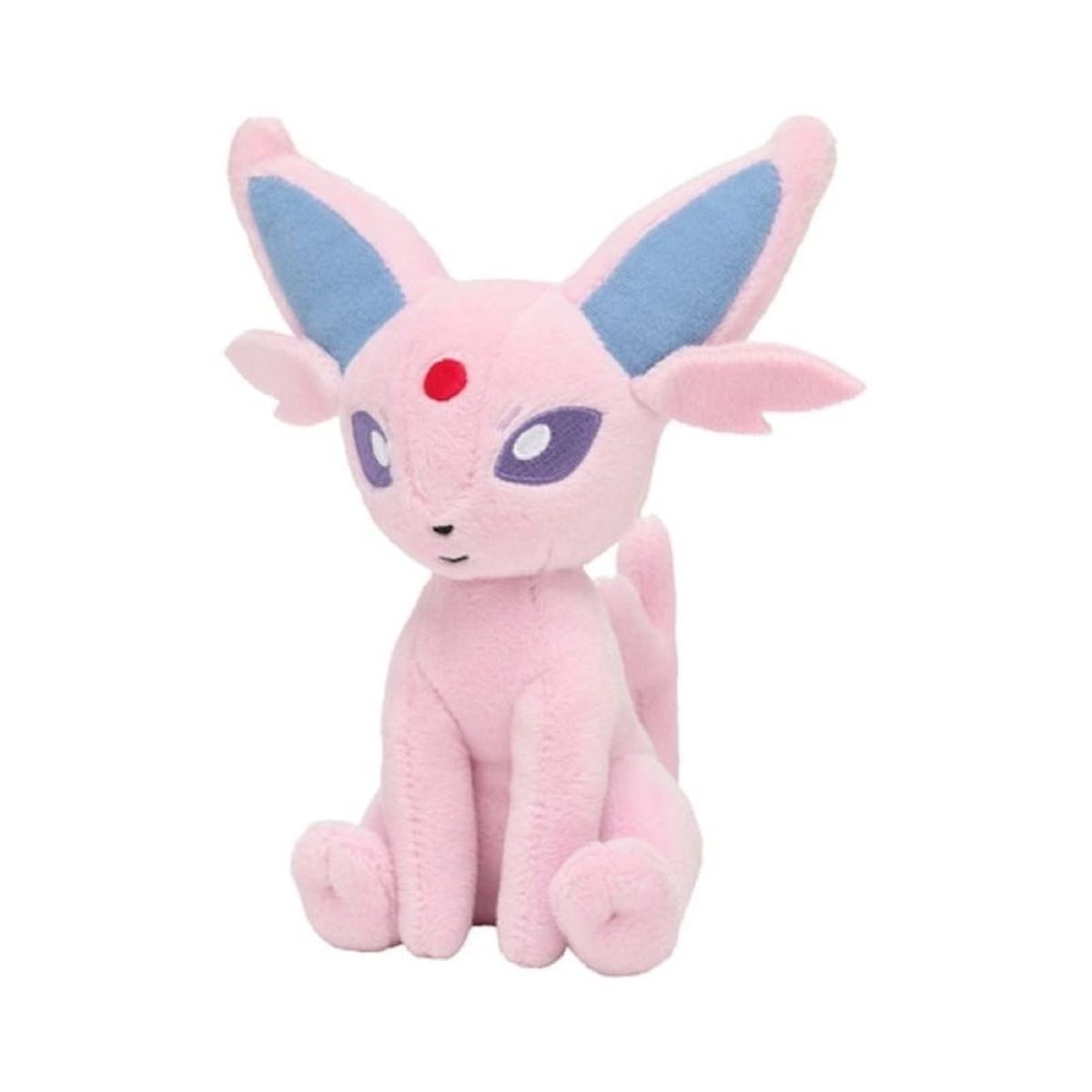 Eine rosa Plüschtierkatze mit blauen Ohren, lila Augen und einem roten Punkt auf der Stirn, in Sitzhaltung.