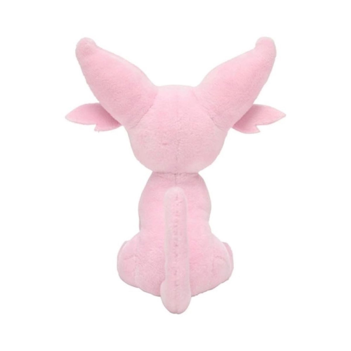 Ein rosa Plüschtierkatze, von hinten gesehen, zeigt Ohren und einen Schwanz.
