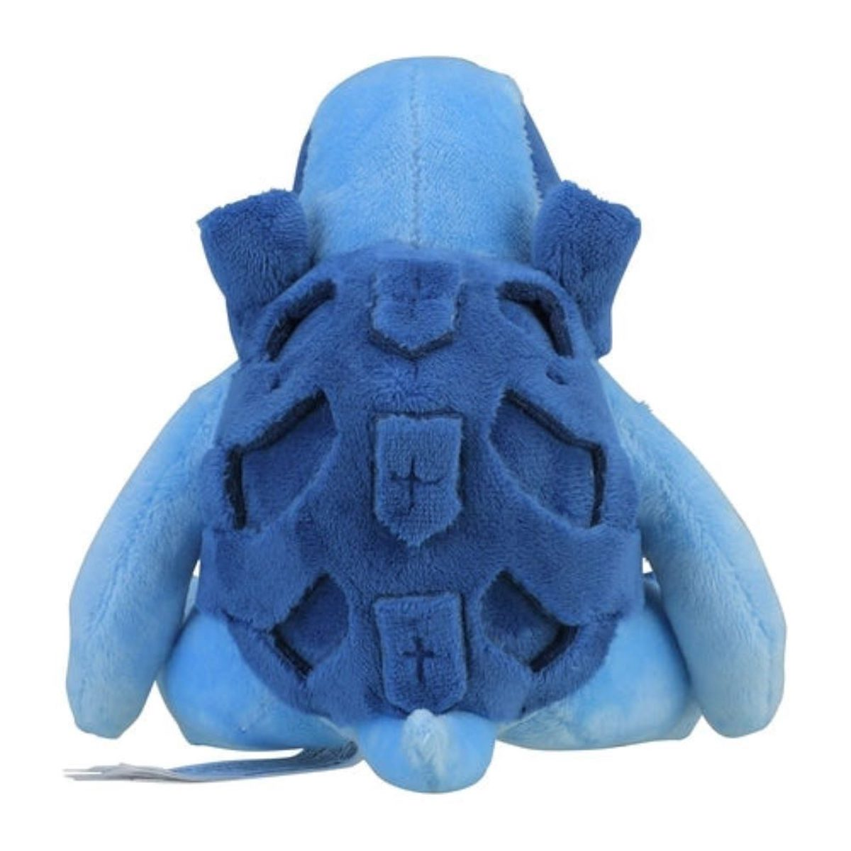 Ein blaues Plüschtier-Schildkröte, Rückansicht, mit detailliertem Panzer und hellblauen und dunkelblauen Farben.
