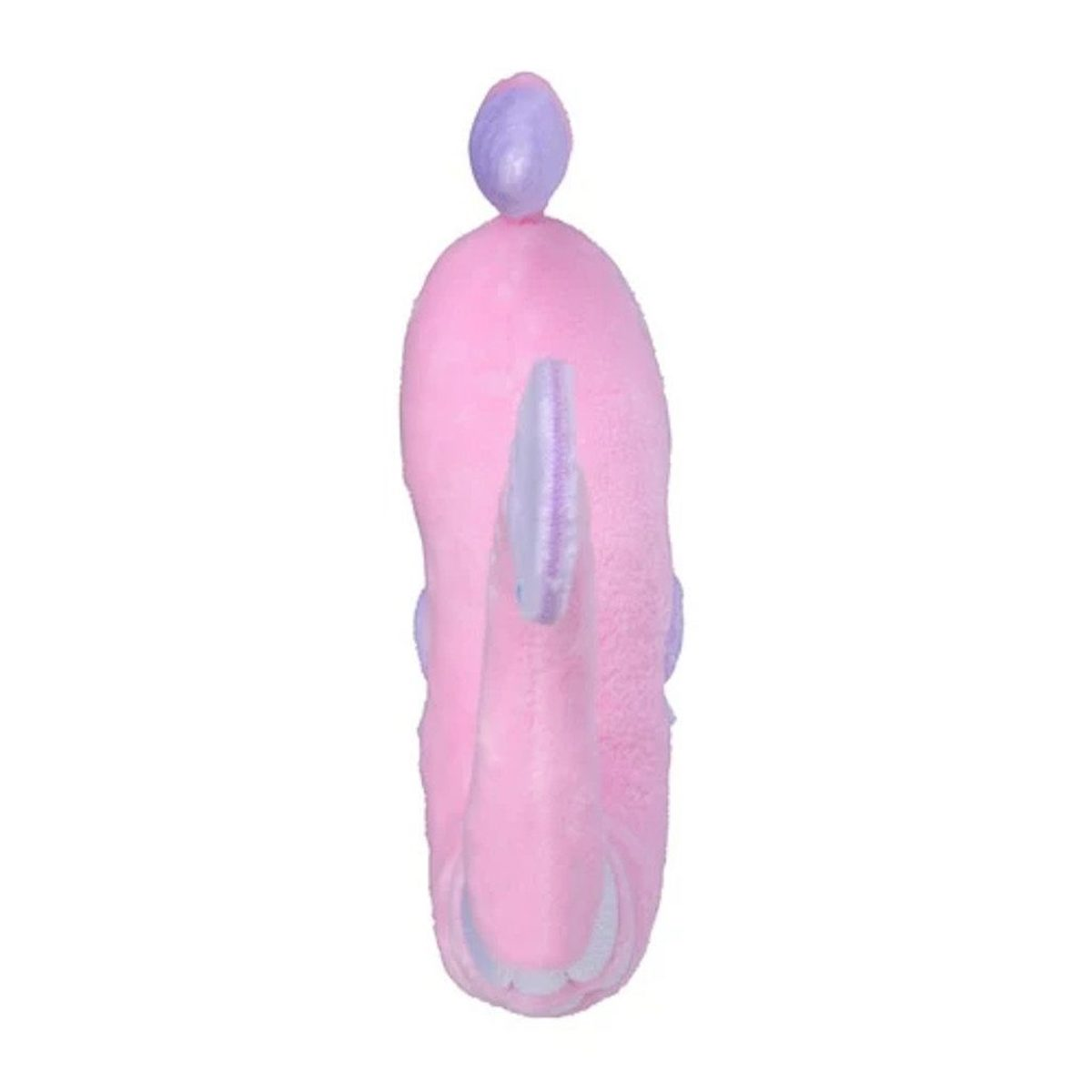 Ein rosa Plüschtier, von der Seite betrachtet, mit einer hellblauen Flosse und einem lila Kopf.