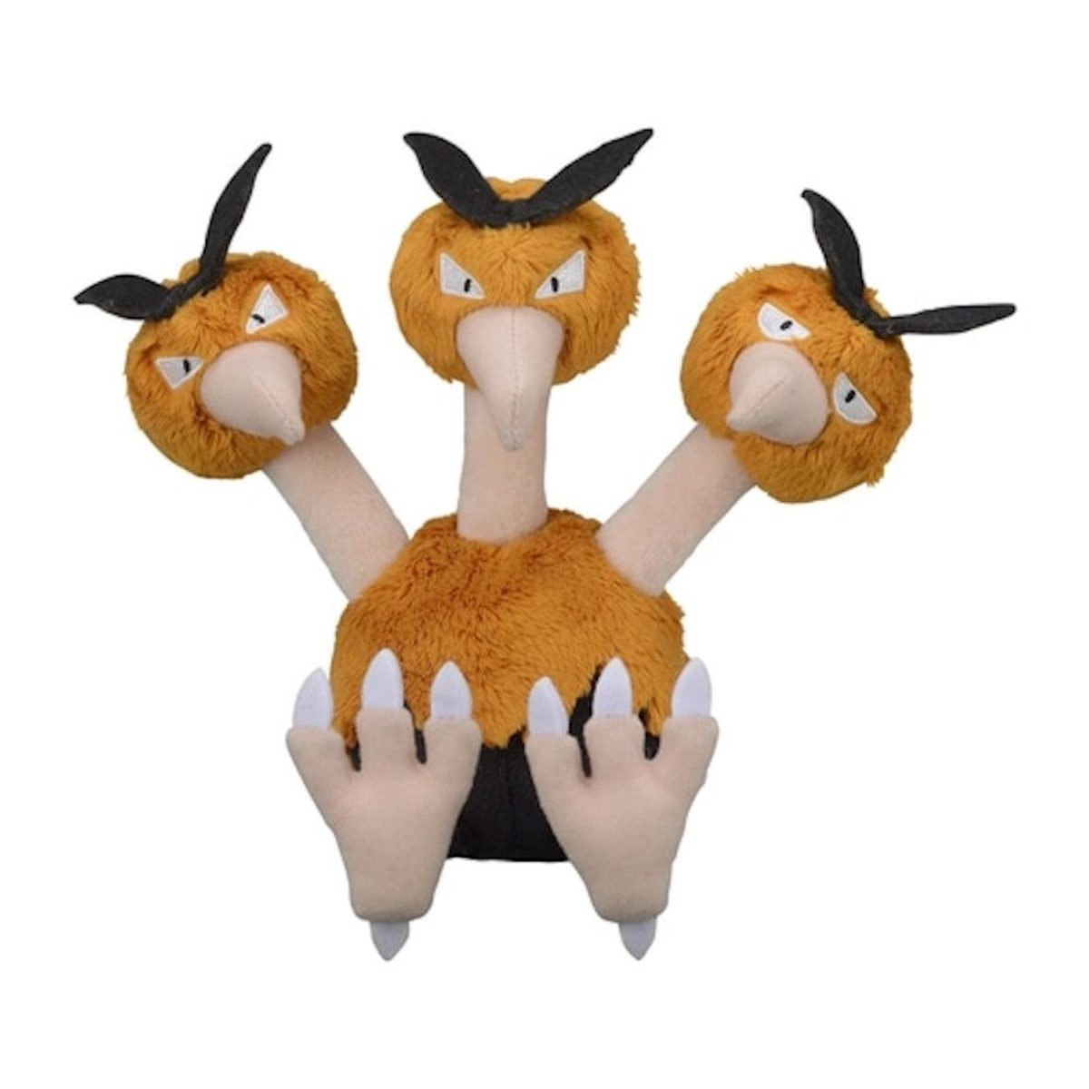 Ein dreiköpfiges Plüschtier mit orangefarbenem Fell und schwarzen Hörnern. Weiße Krallen.