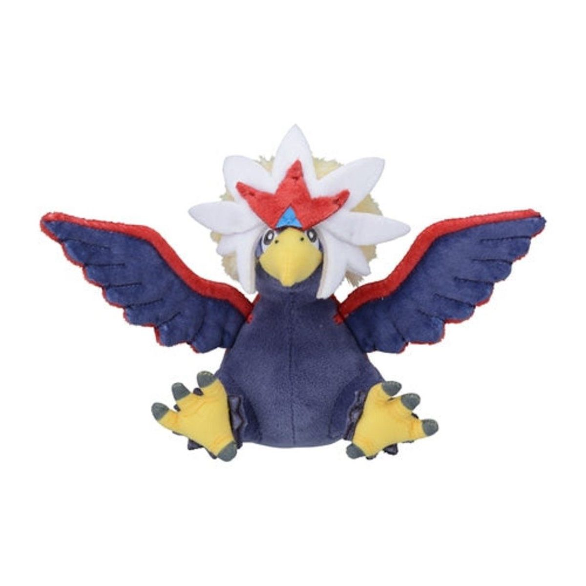 Ein Stoffvogel mit ausgebreiteten Flügeln, dunkelblauem Körper, roten und blauen Flügeln und einem weißen und roten Kopfschmuck.