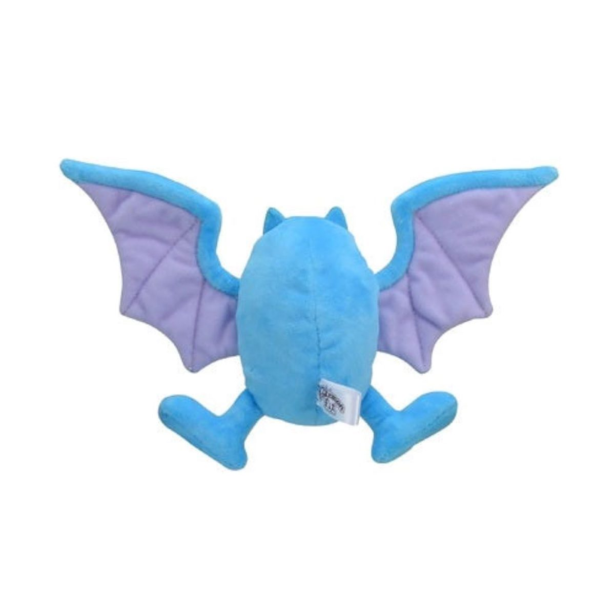 Ein blaues Fledermaus-Plüschtier mit lila ausgebreiteten Flügeln.