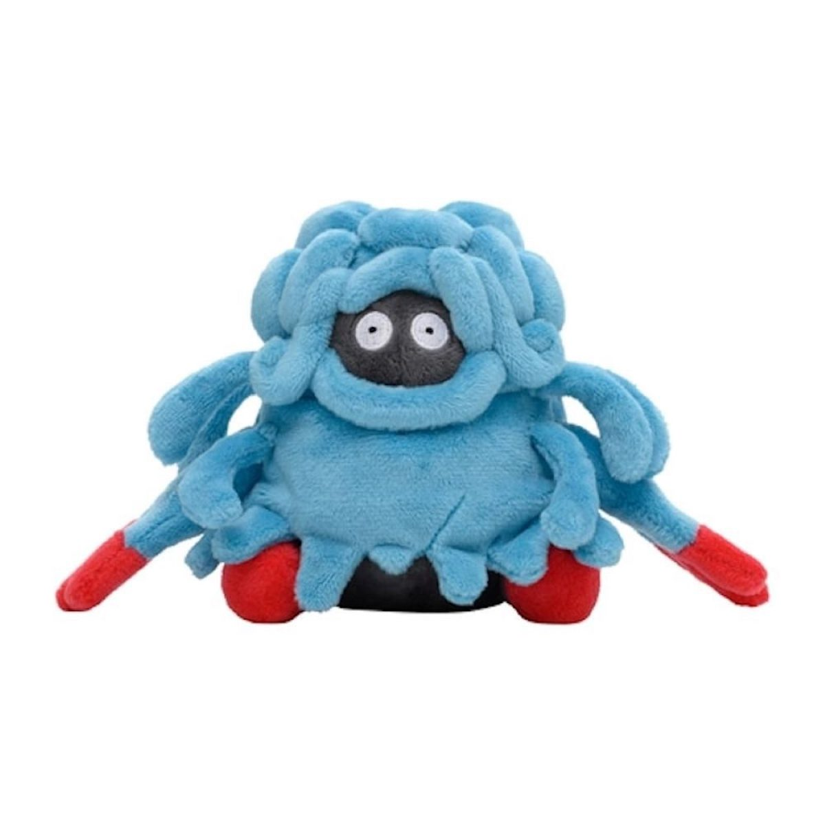Ein blaues Plüschtier, das einer Spinne ähnelt, mit blauem Fell, einem schwarzen Gesicht mit weißen Augen und rotspitzigen Armen und Beinen.