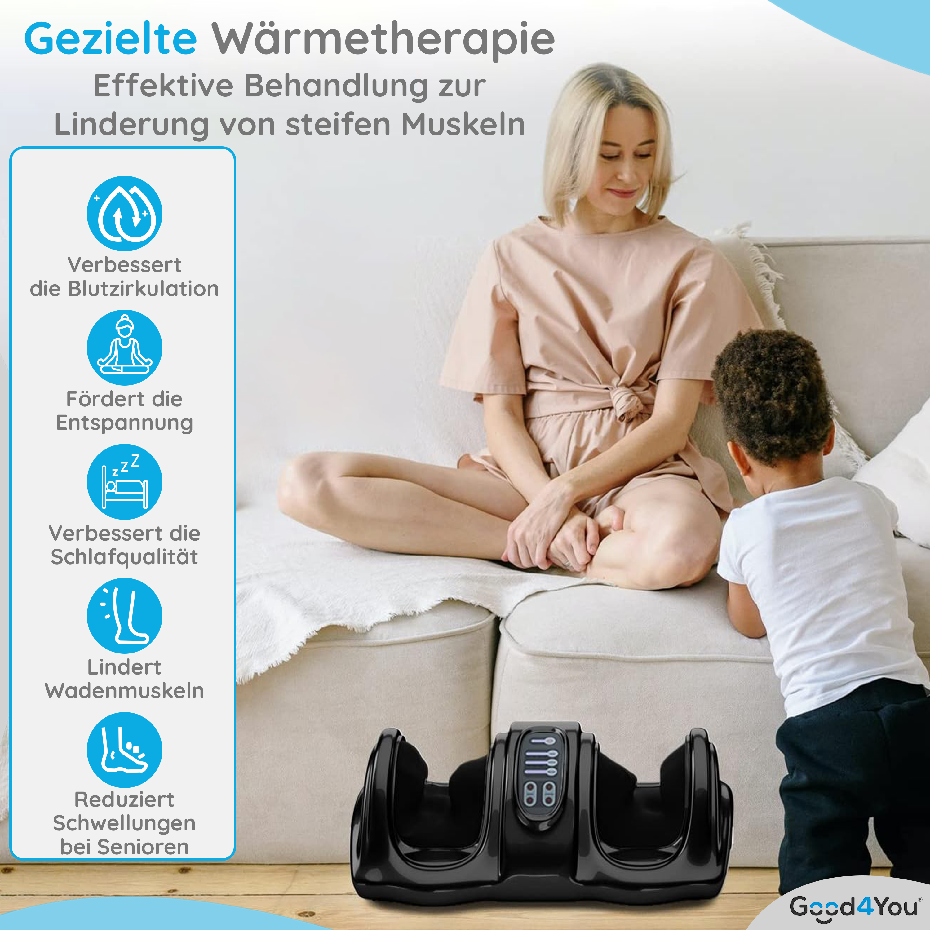 Eine Frau und ein Kind sitzen auf einem Sofa. Ein Fußmassagegerät steht auf dem Boden. Text erwähnt verbesserte Durchblutung.