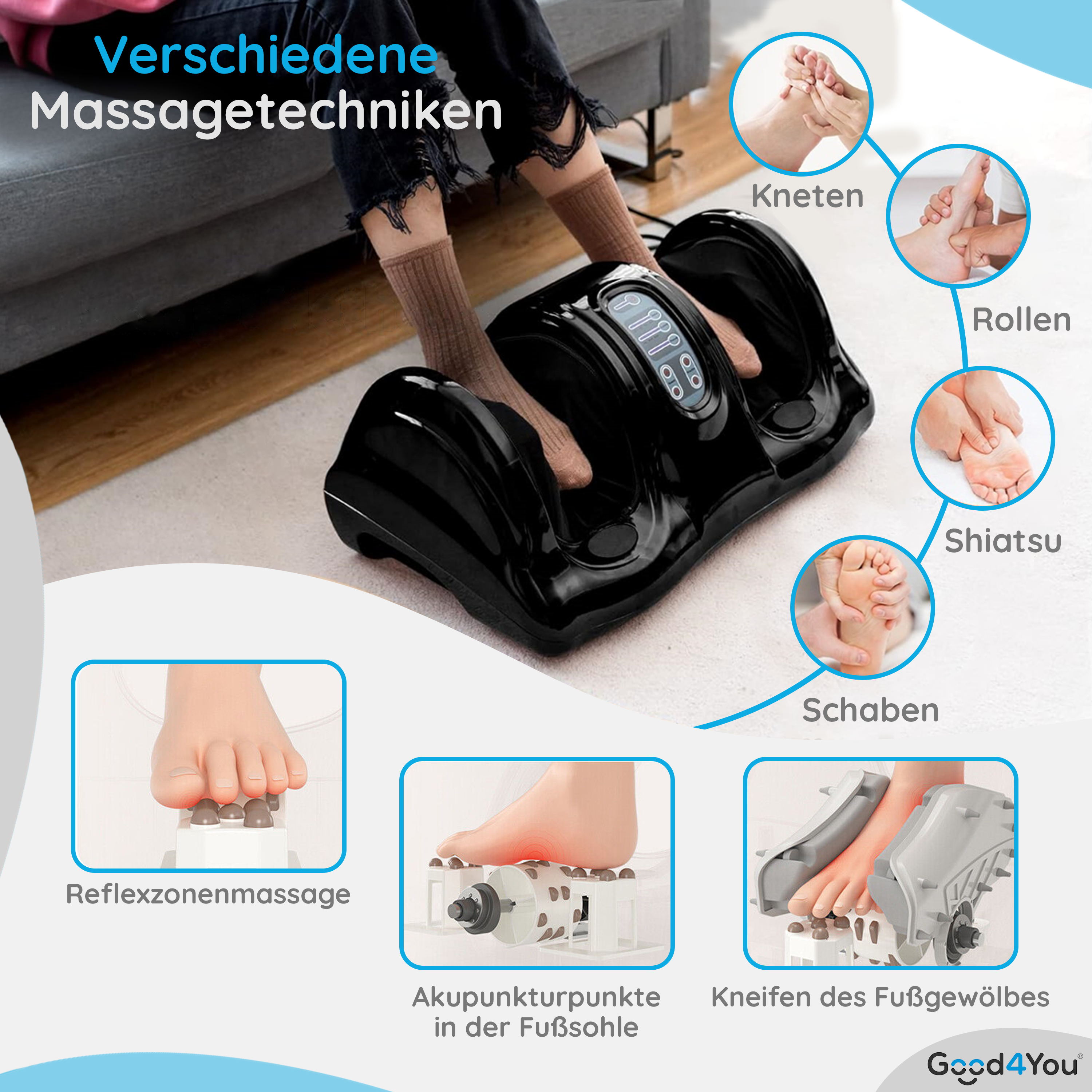 Ein Fußmassagegerät mit verschiedenen Massagetechniken erklärt.