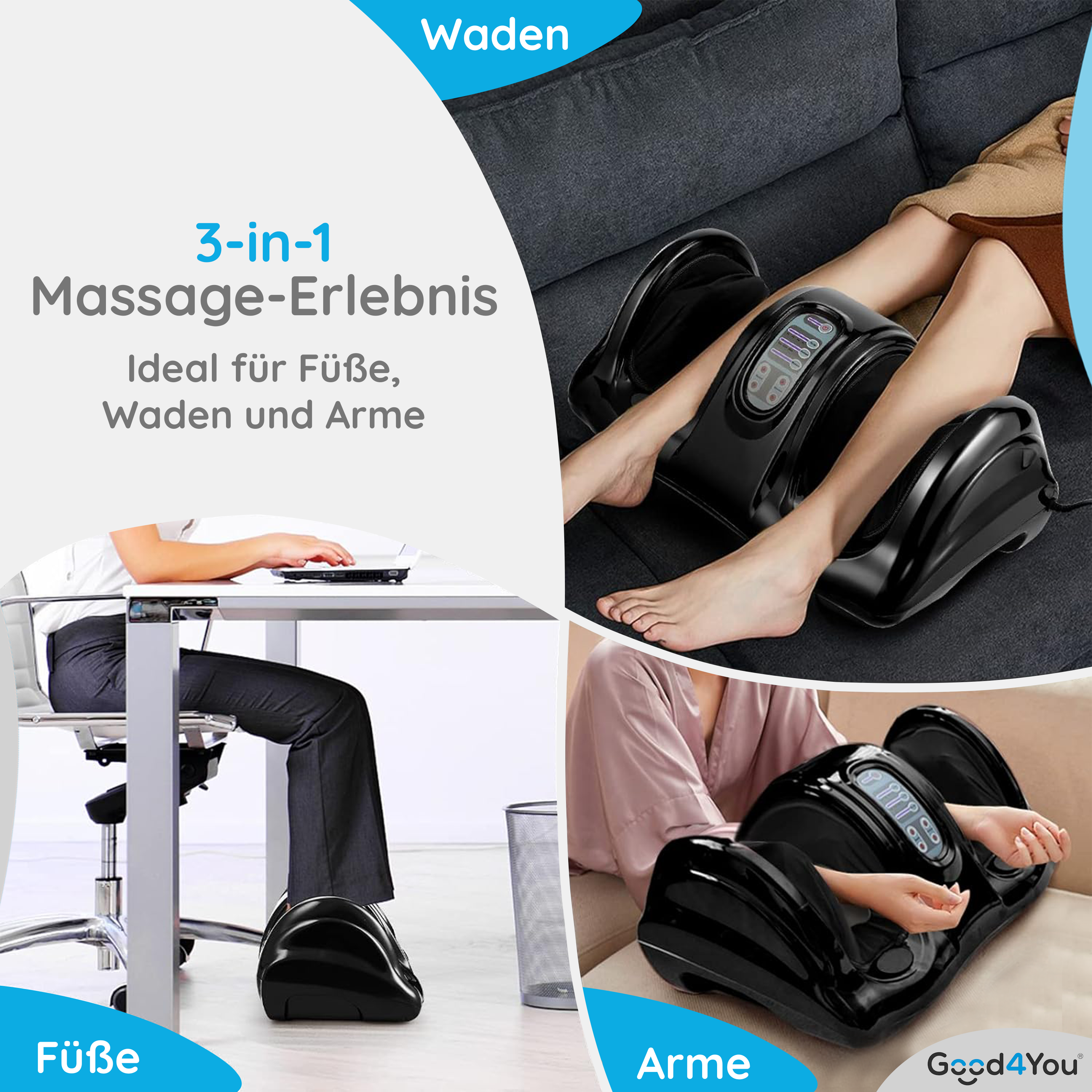Das Bild zeigt ein 3-in-1-Fußmassagegerät. Menschen benutzen es für Füße, Waden und Arme. Schwarze Farbe.