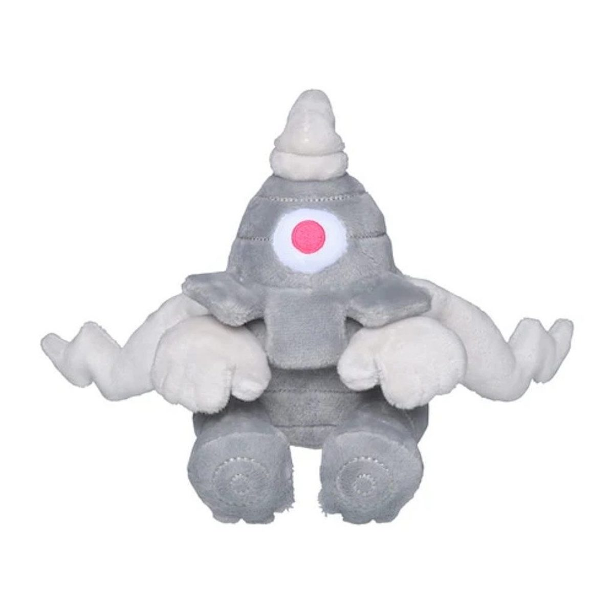 Ein graues Pokémon-Plüschtier mit weißen Gliedmaßen und einem rosa Auge.