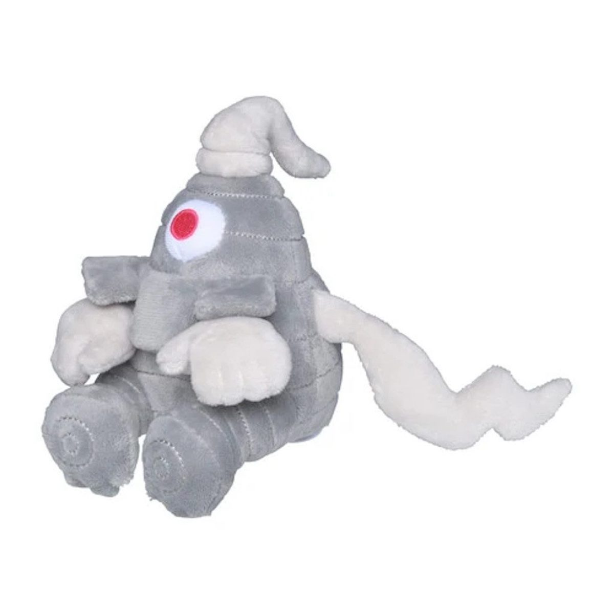 Ein graues Plüschtier eines Pokémon-Geistes. Es hat einen weißen Kopf und Arm und ein rotes Auge.
