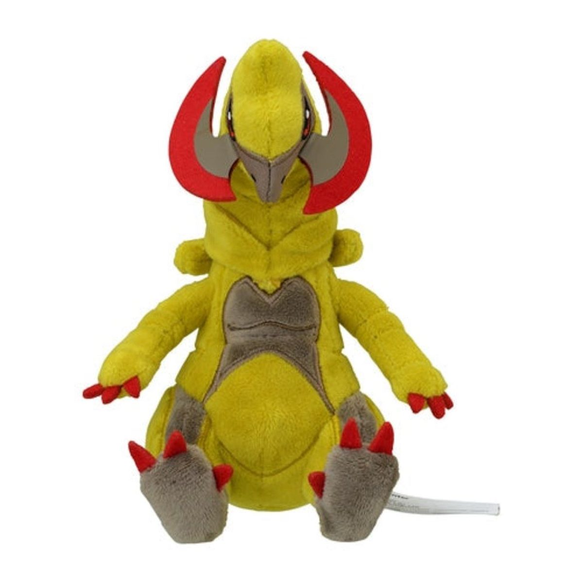 Ein gelbes Plüschtier eines Pokémon. Es hat rote Hörner und Krallen sowie braune Details.
