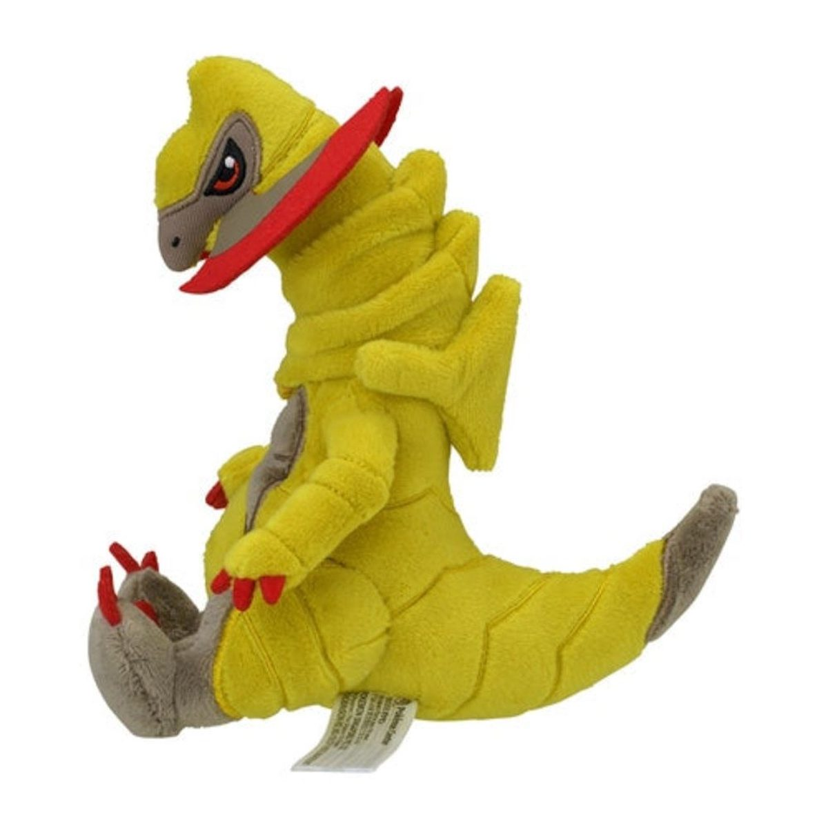 Ein gelbes Pokémon-Plüschtier mit roten Akzenten. Es hat einen braunen Kopf und graue Füße.