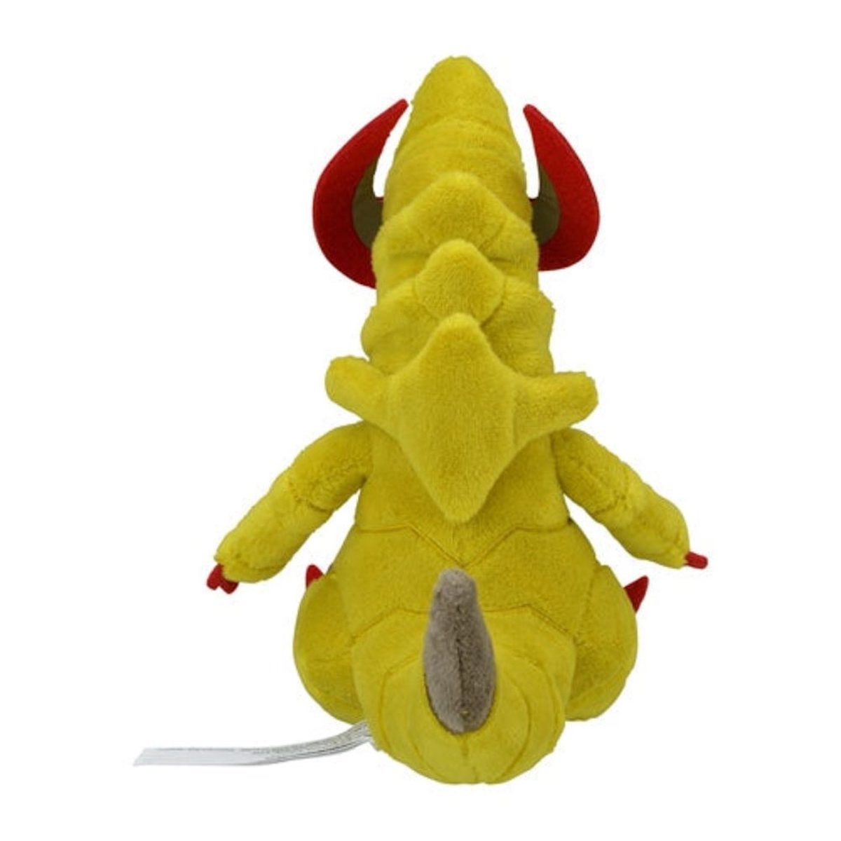 Die Rückseite eines gelben Plüschtiers eines Pokémon. Es hat rote Hörner und Krallen sowie braune Details.