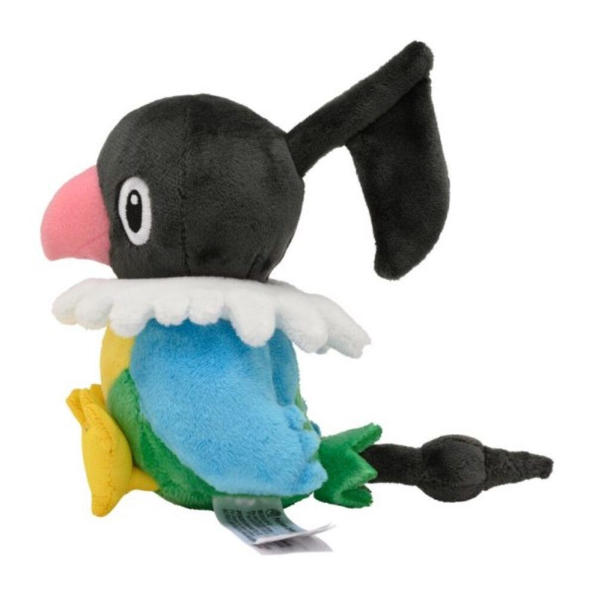 Ein Plüschtier eines Pokémon-Vogels. Es ist schwarz, weiß, gelb, blau und grün. Es hat einen rosa Schnabel und eine schwarze Note.