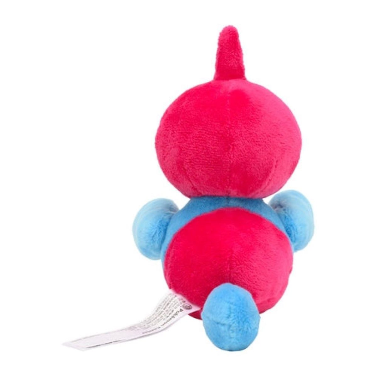 Rotes und blaues vogelartiges Plüschtier, Rückansicht. Weißer Hintergrund.